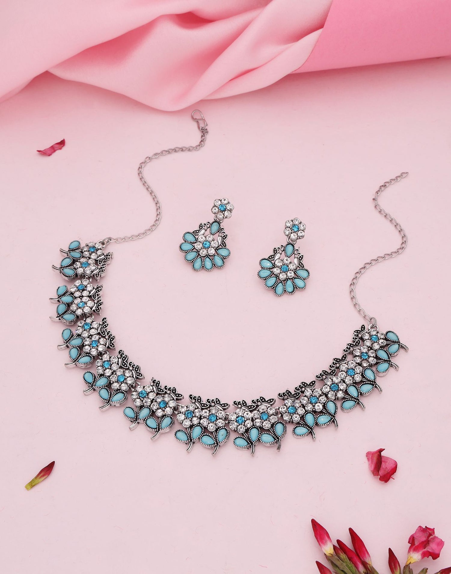 Blue Silver Choker Necklace Set With Dangle Earring