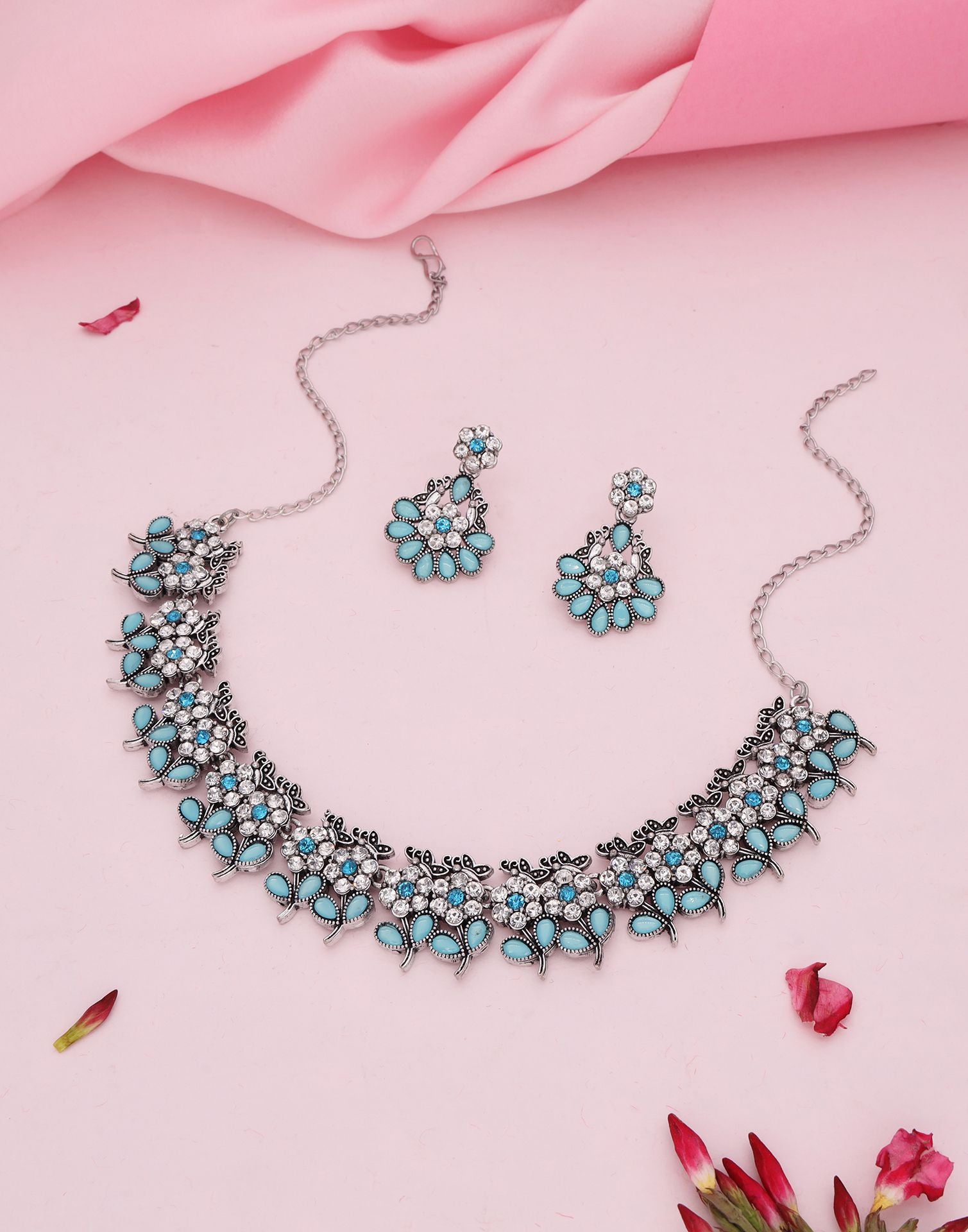 Blue Silver Choker Necklace Set With Dangle Earring