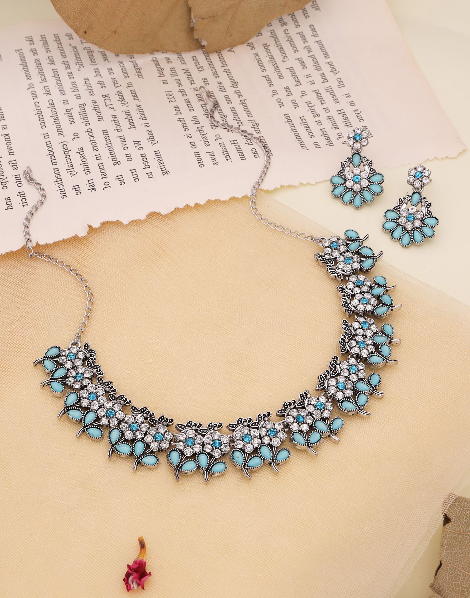 Blue Silver Choker Necklace Set With Dangle Earring