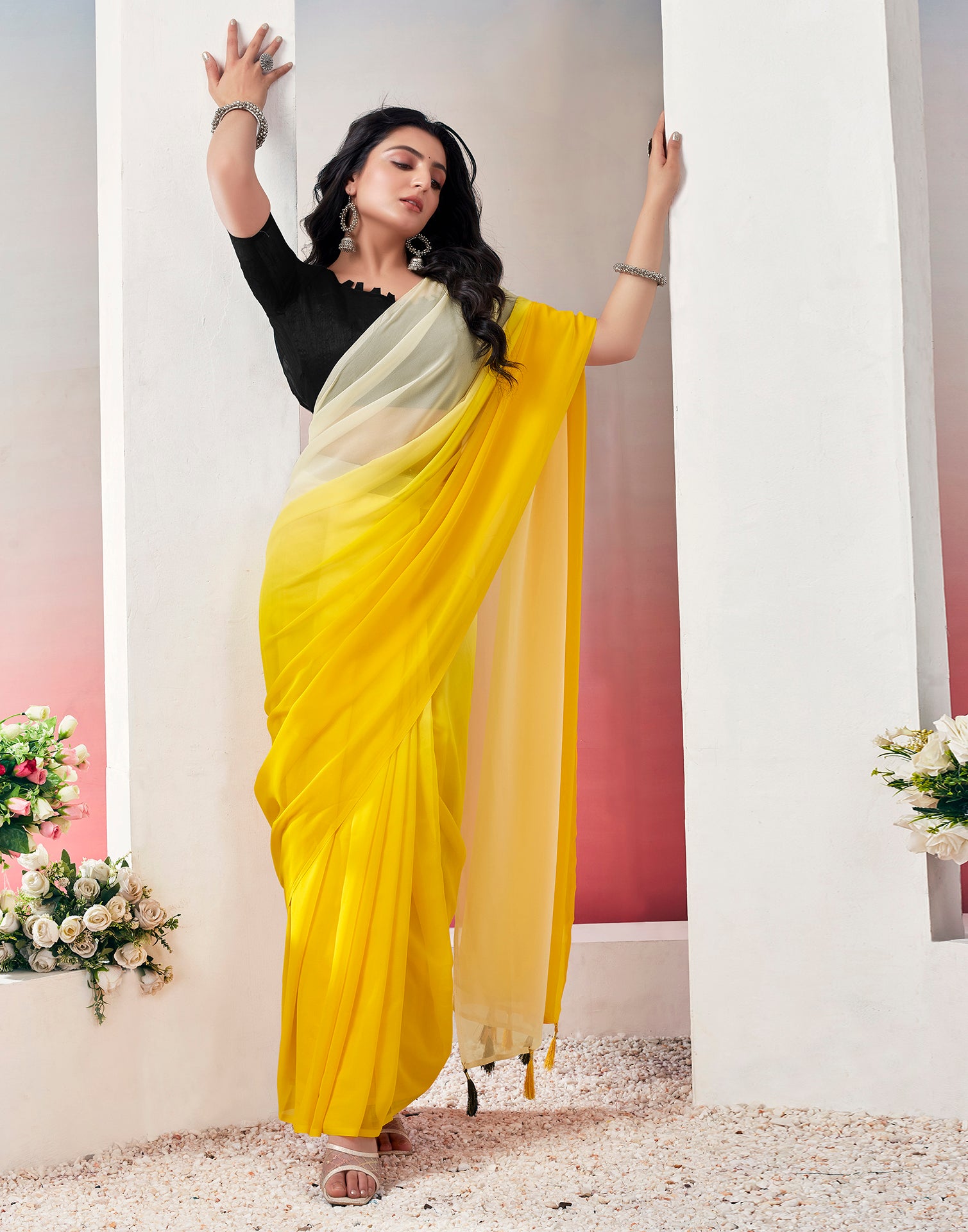 Ready to Wear Turmeric Georgette Plain Saree