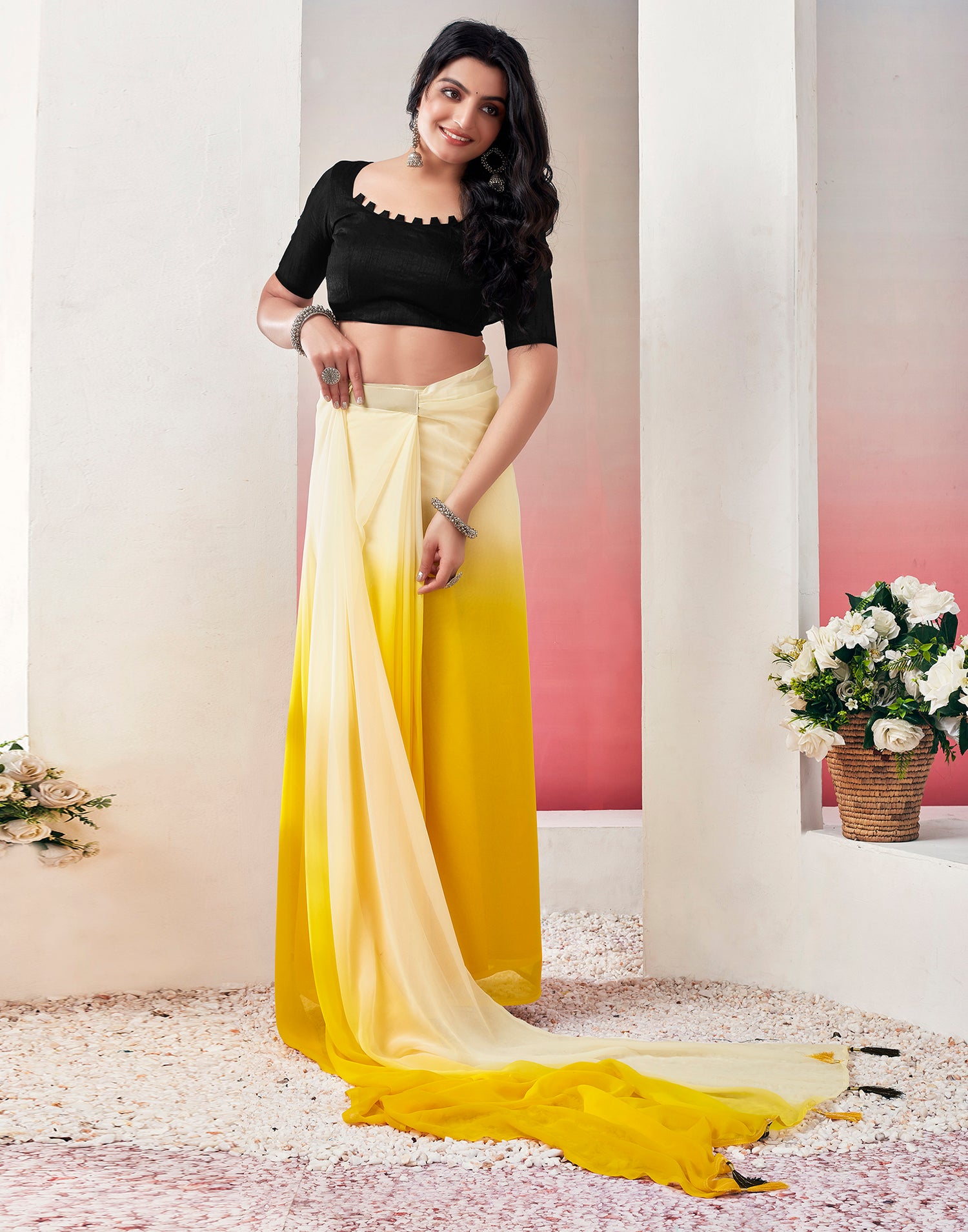 Ready to Wear Turmeric Georgette Plain Saree