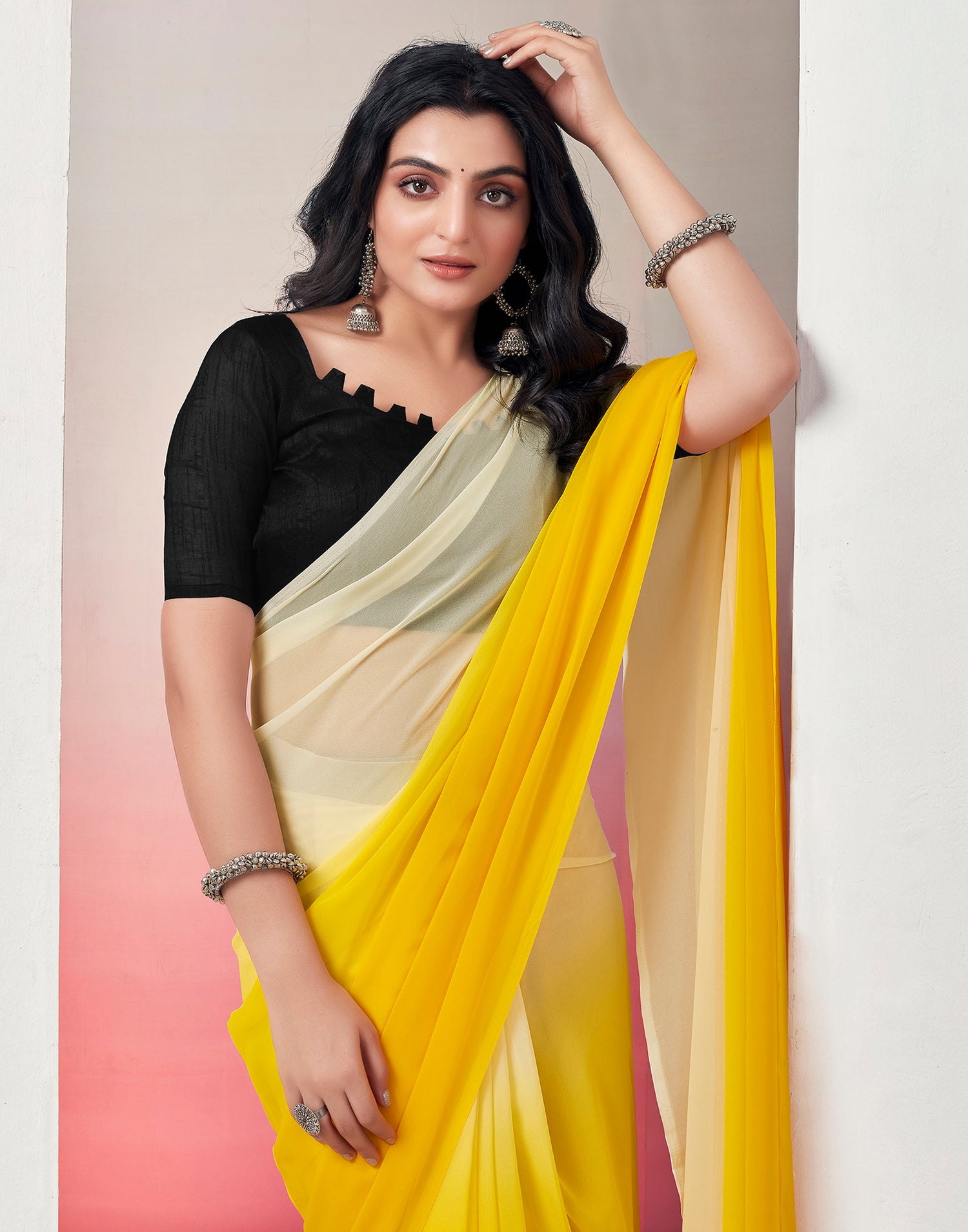 Ready to Wear Turmeric Georgette Plain Saree