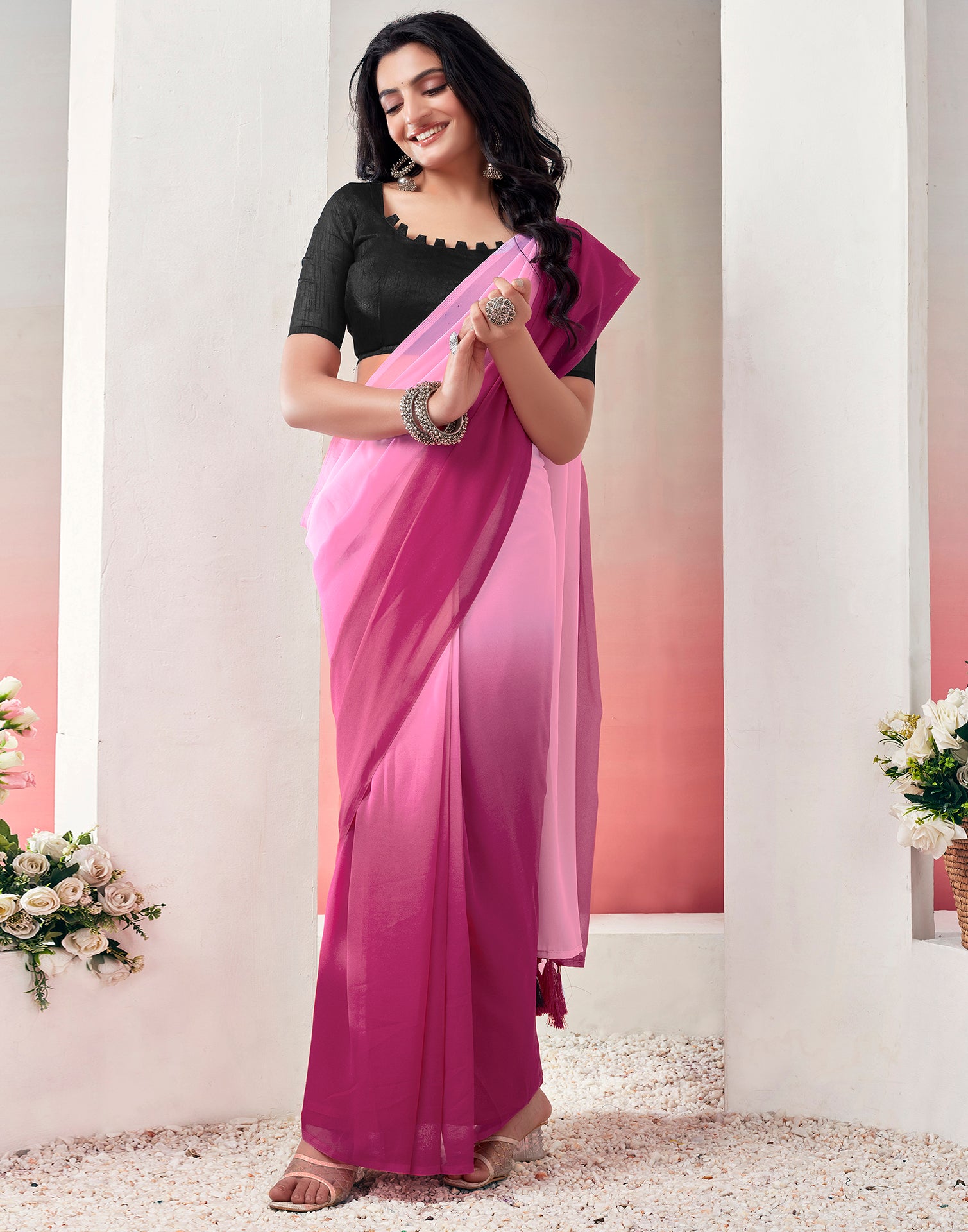 Ready to Wear Light Pink Georgette Plain Saree