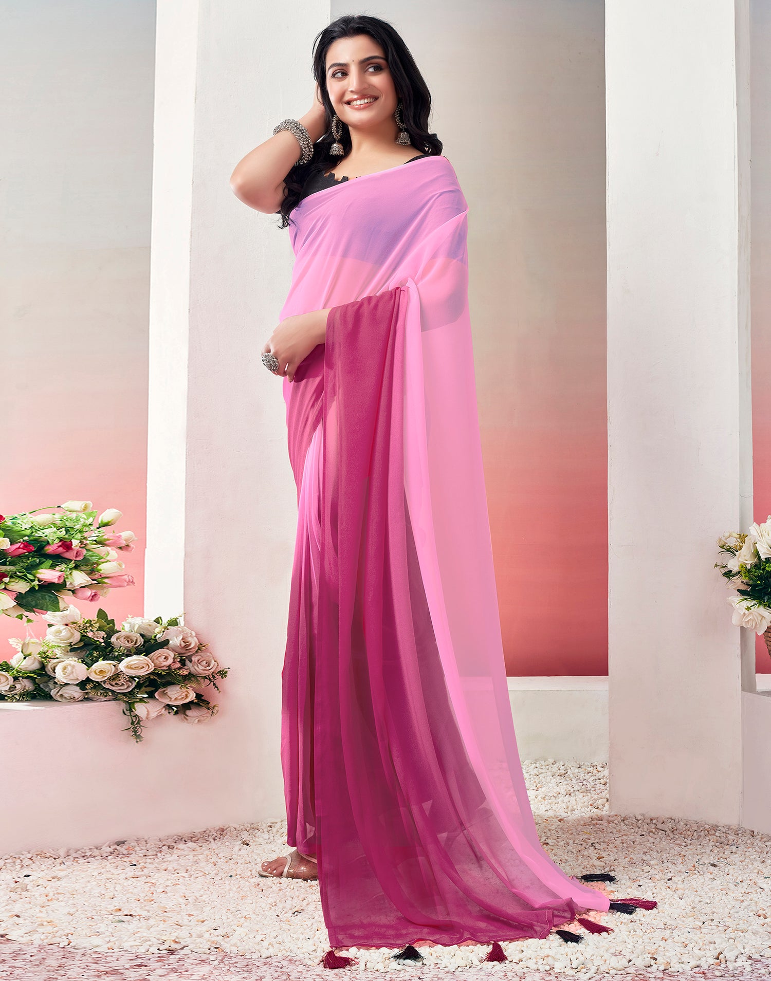 Ready to Wear Light Pink Georgette Plain Saree