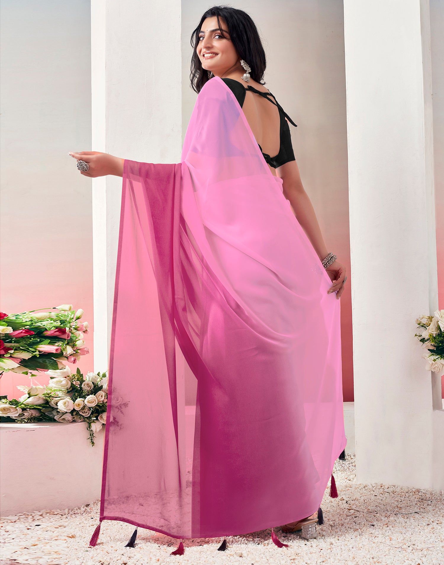 Ready to Wear Light Pink Georgette Plain Saree