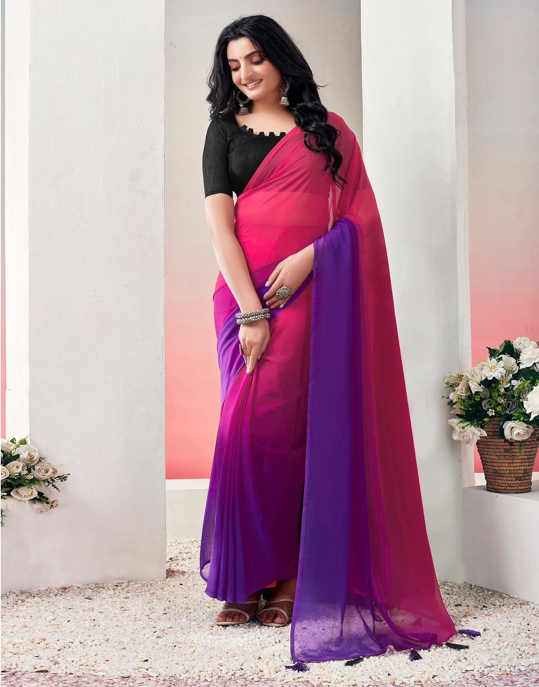 Ready to Wear Pink Georgette Plain Saree