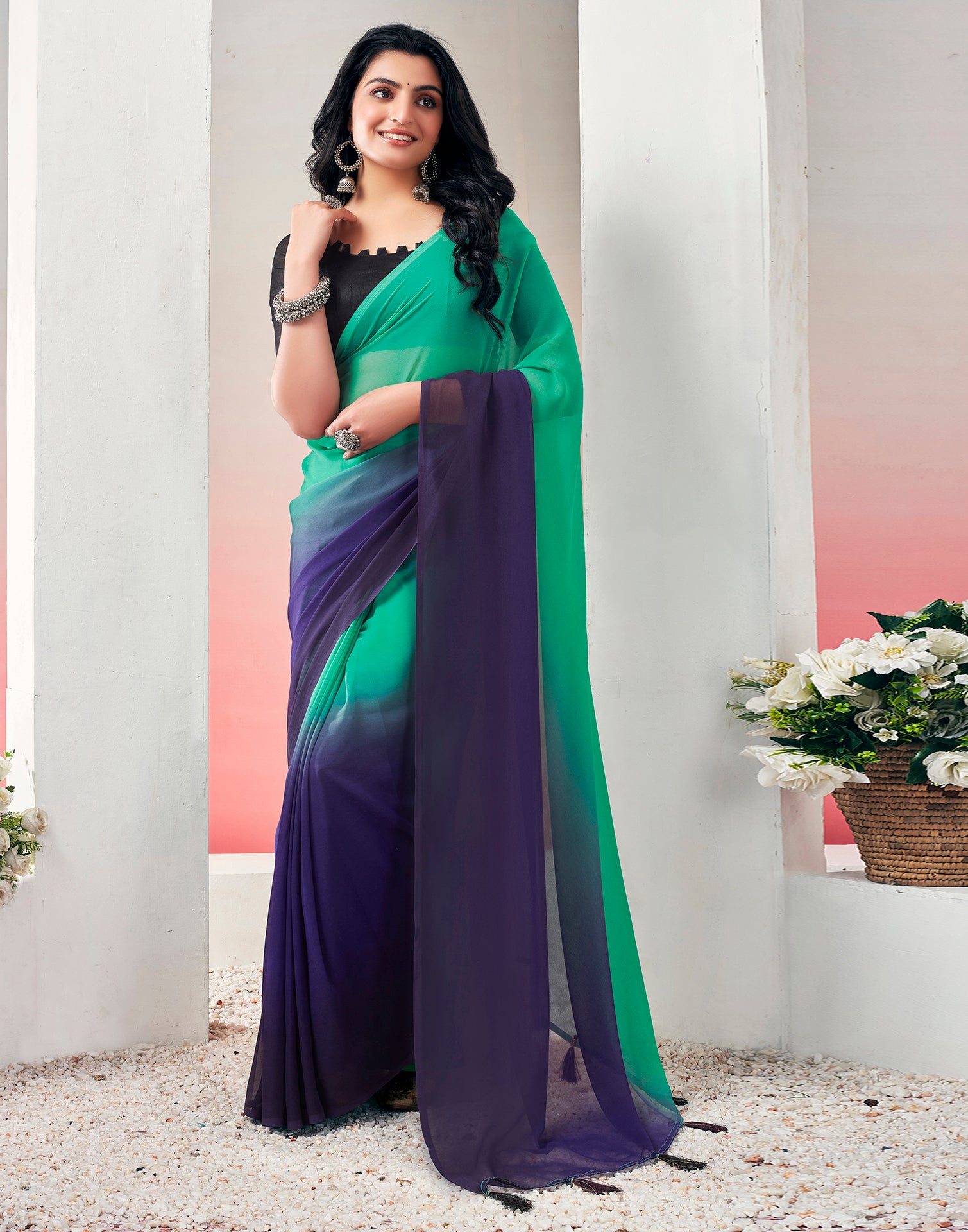 Ready to Wear Teal Green Georgette Plain Saree