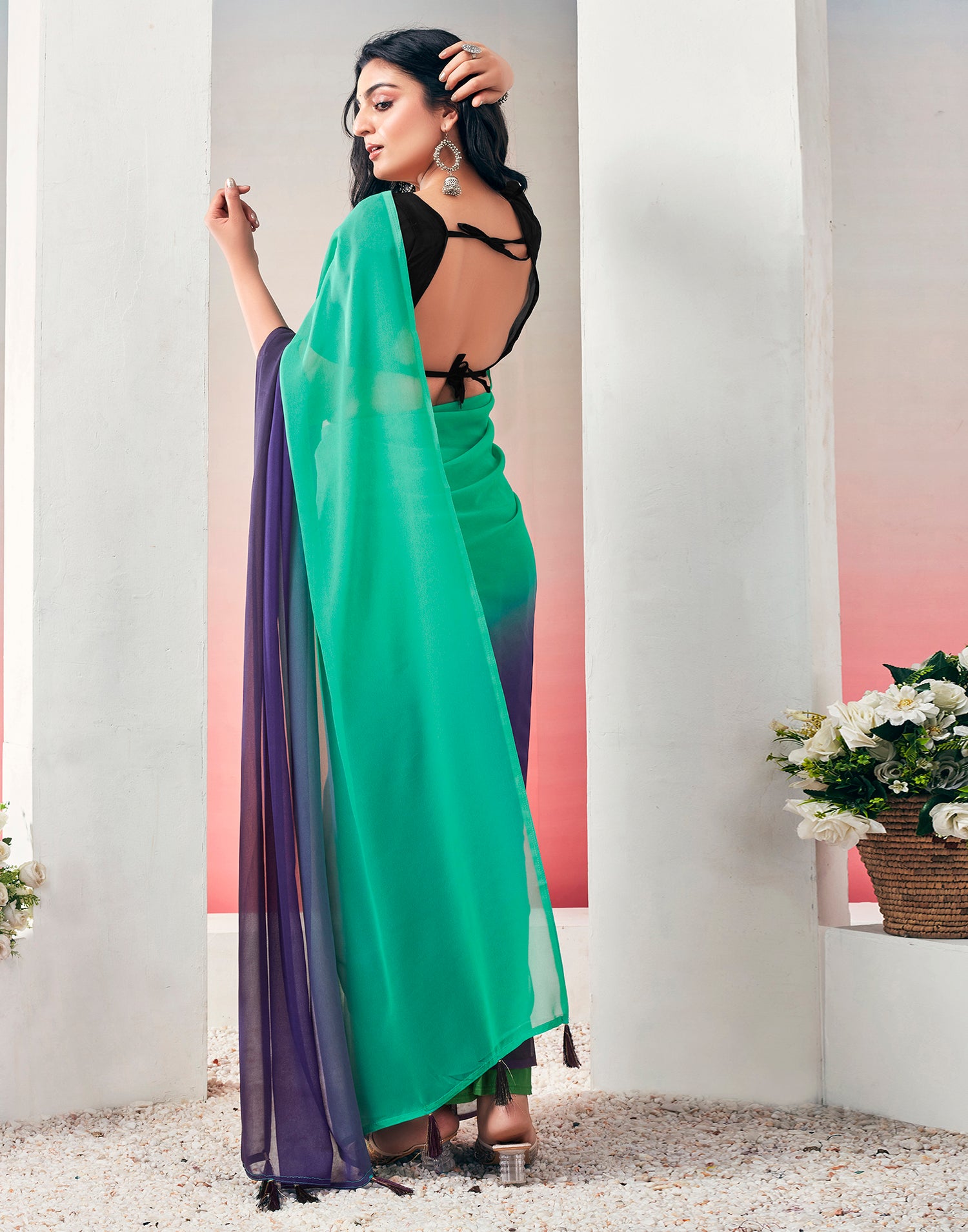 Ready to Wear Teal Green Georgette Plain Saree