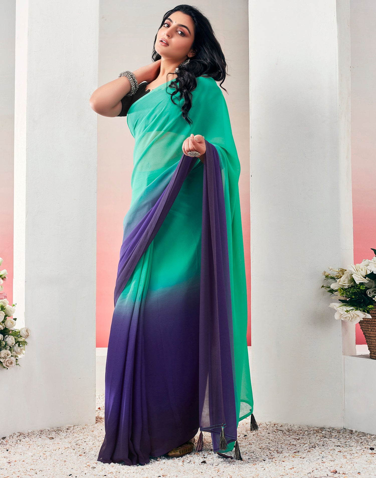 Ready to Wear Teal Green Georgette Plain Saree