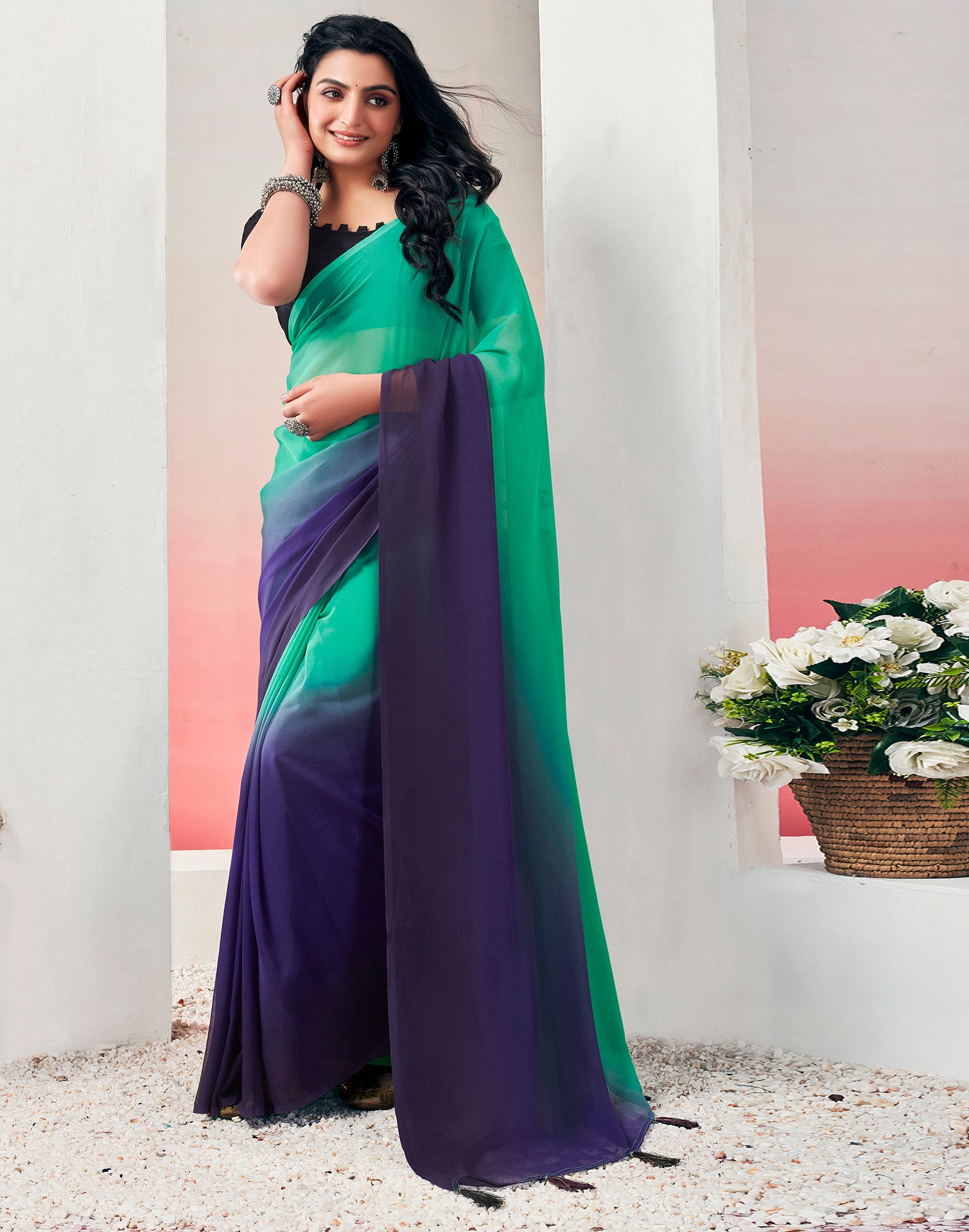 Ready to Wear Teal Green Georgette Plain Saree