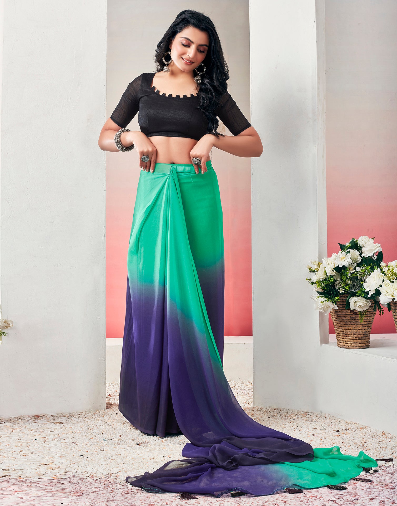 Ready to Wear Teal Green Georgette Plain Saree