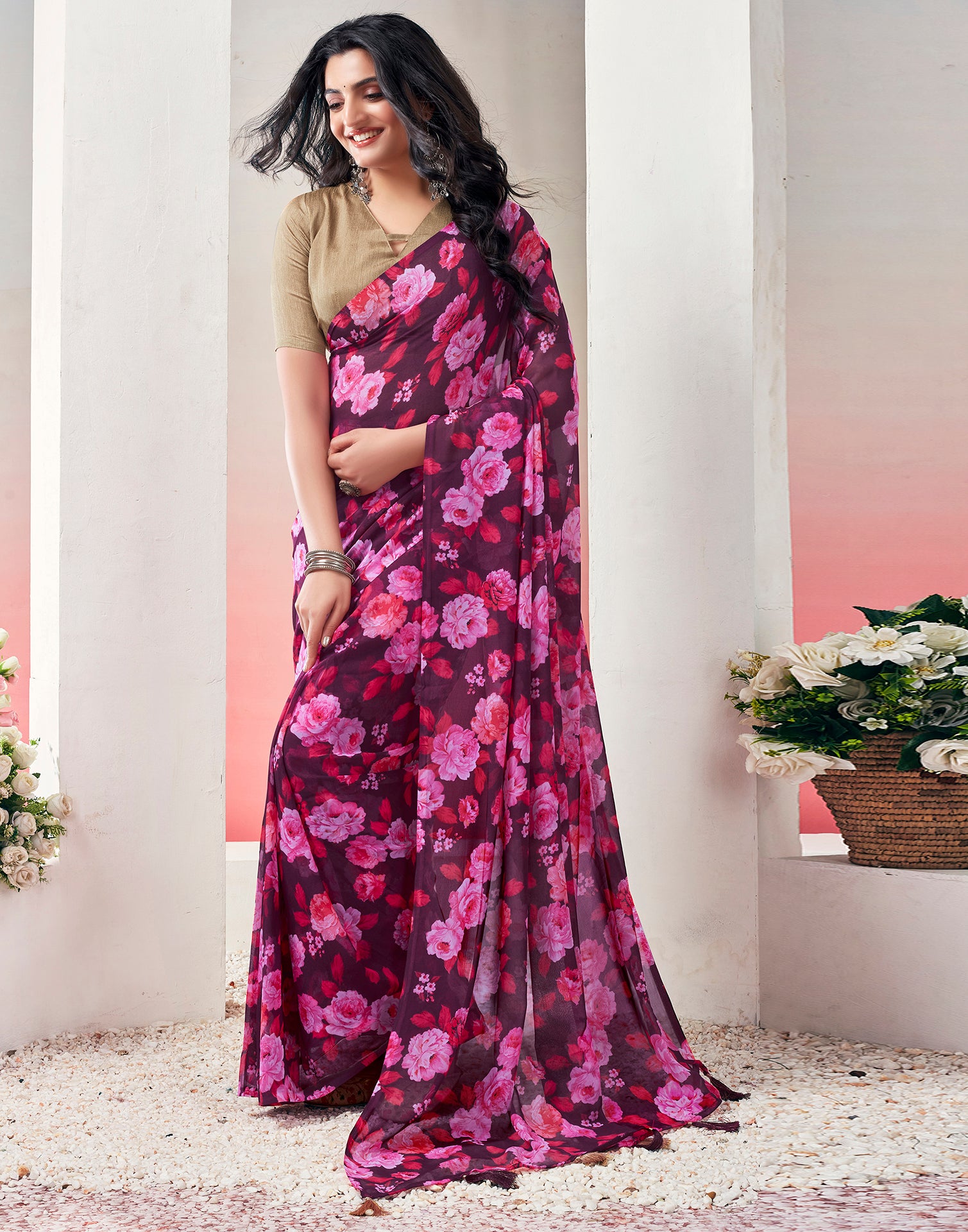 Ready to Wear Wine Georgette Printed Saree