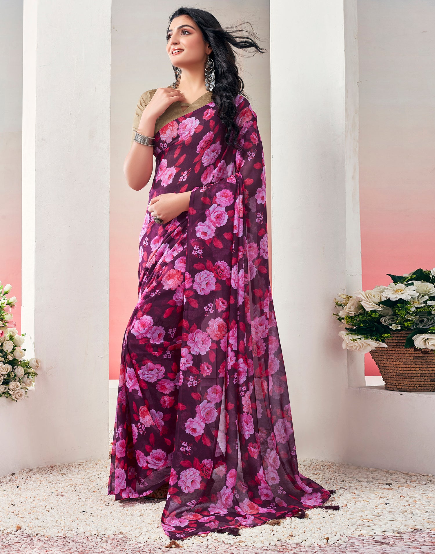 Ready to Wear Wine Georgette Printed Saree