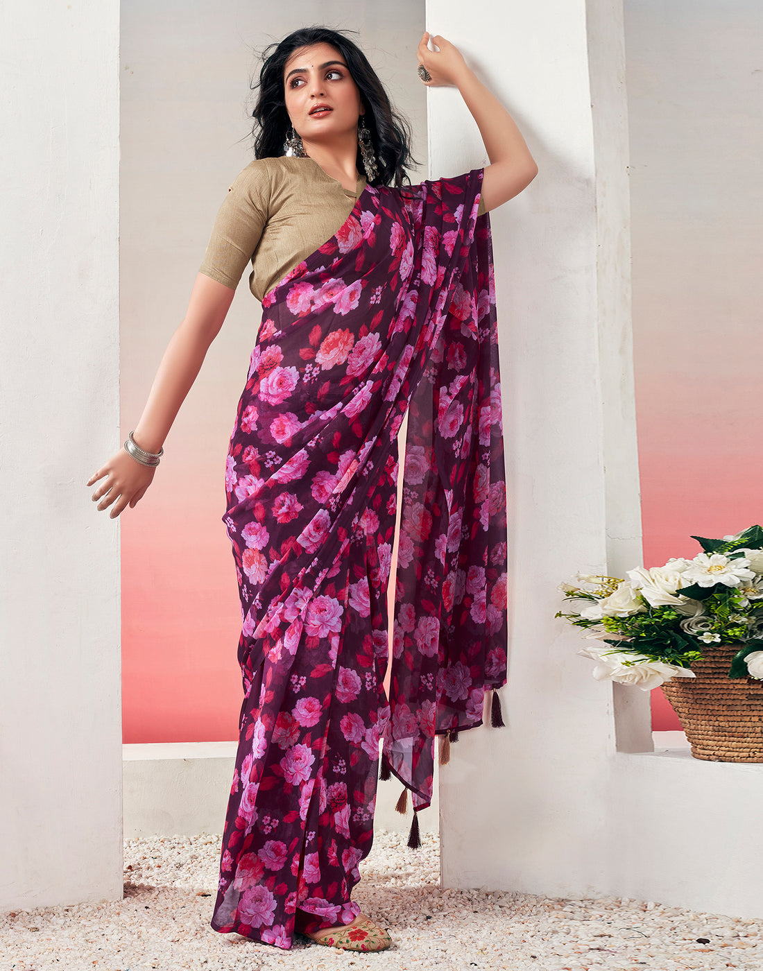 Wine Georgette Printed Ready to Wear Saree