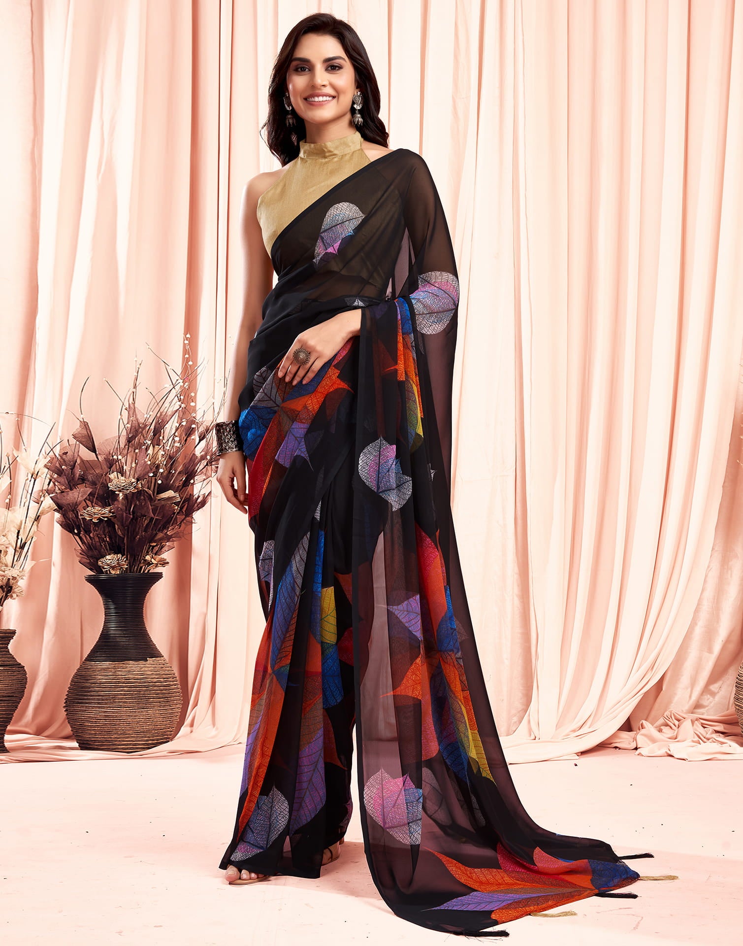 Ready to Wear Black &amp;Multicolour Georgette Printed Saree