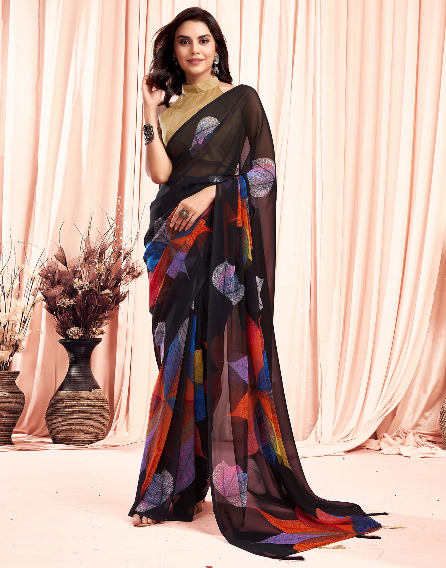 Ready to Wear Black &amp;Multicolour Georgette Printed Saree