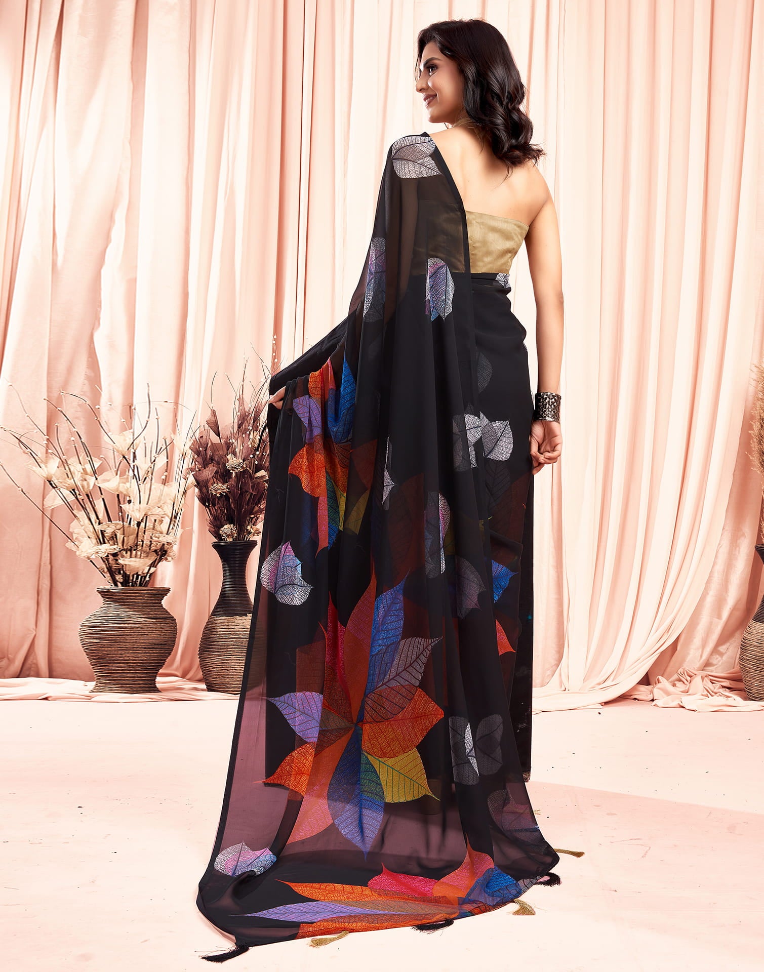 Ready to Wear Black &amp;Multicolour Georgette Printed Saree