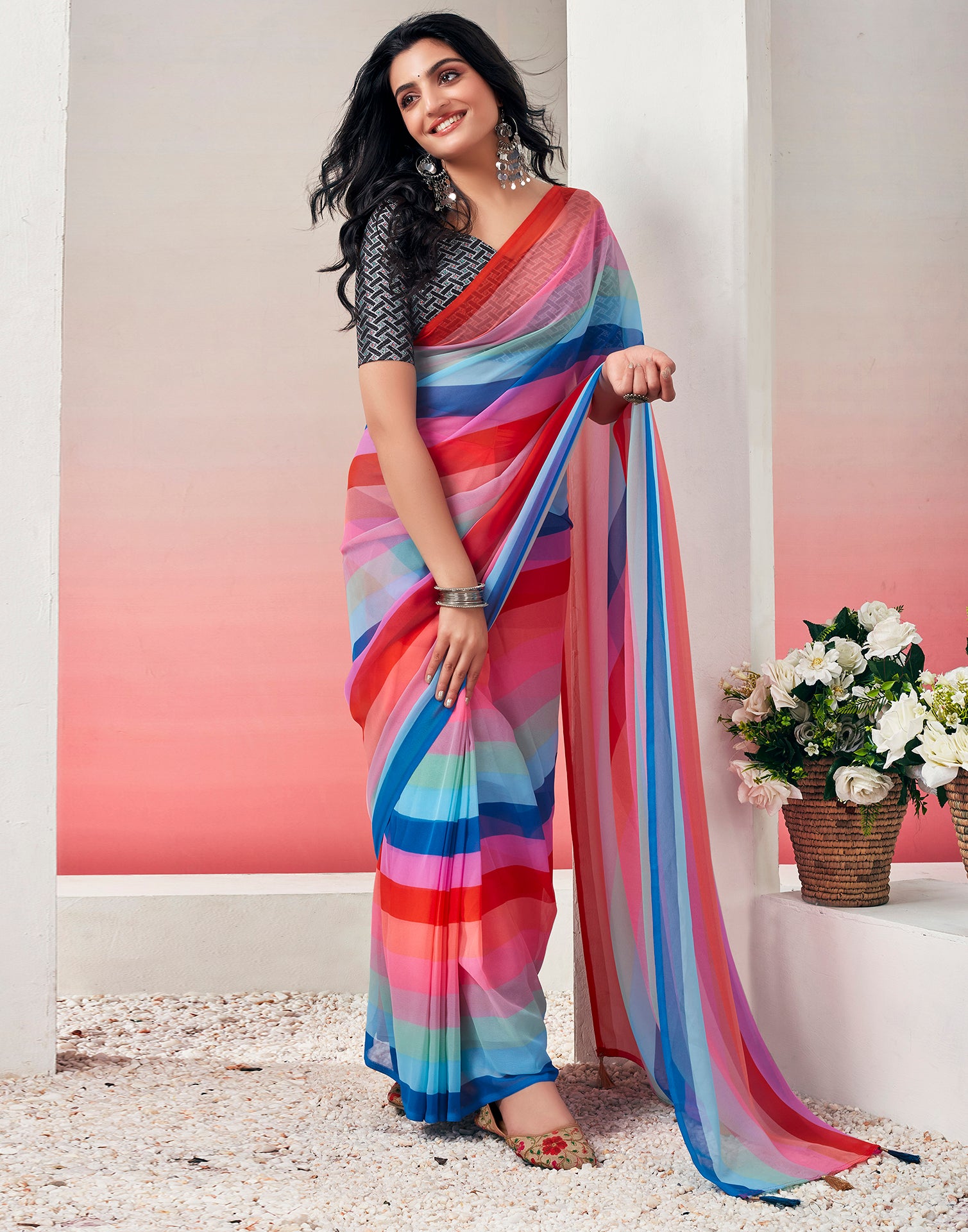 Ready to Wear Multicoloured Georgette Printed Saree