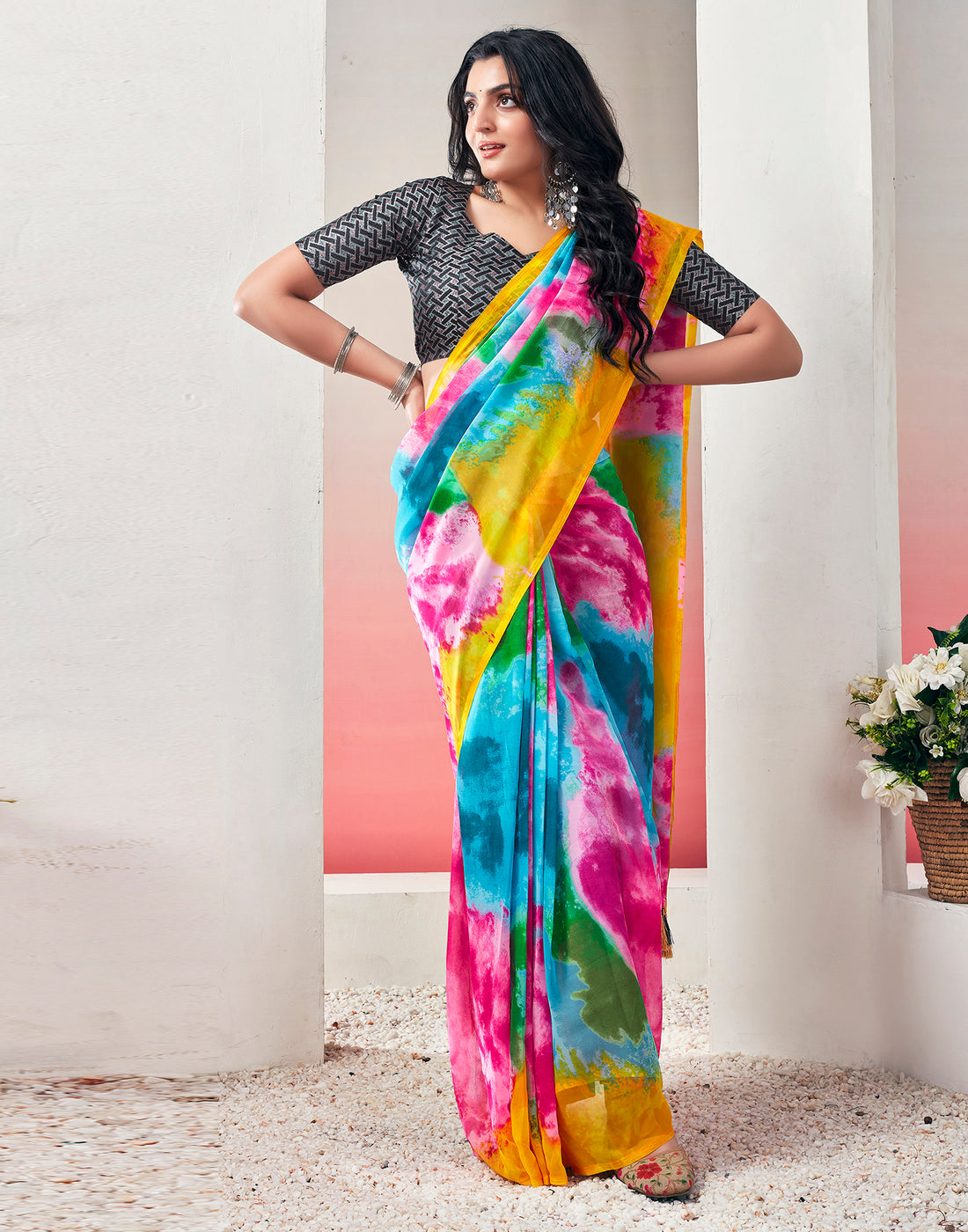 Multicoloured Georgette Printed Ready to Wear Saree
