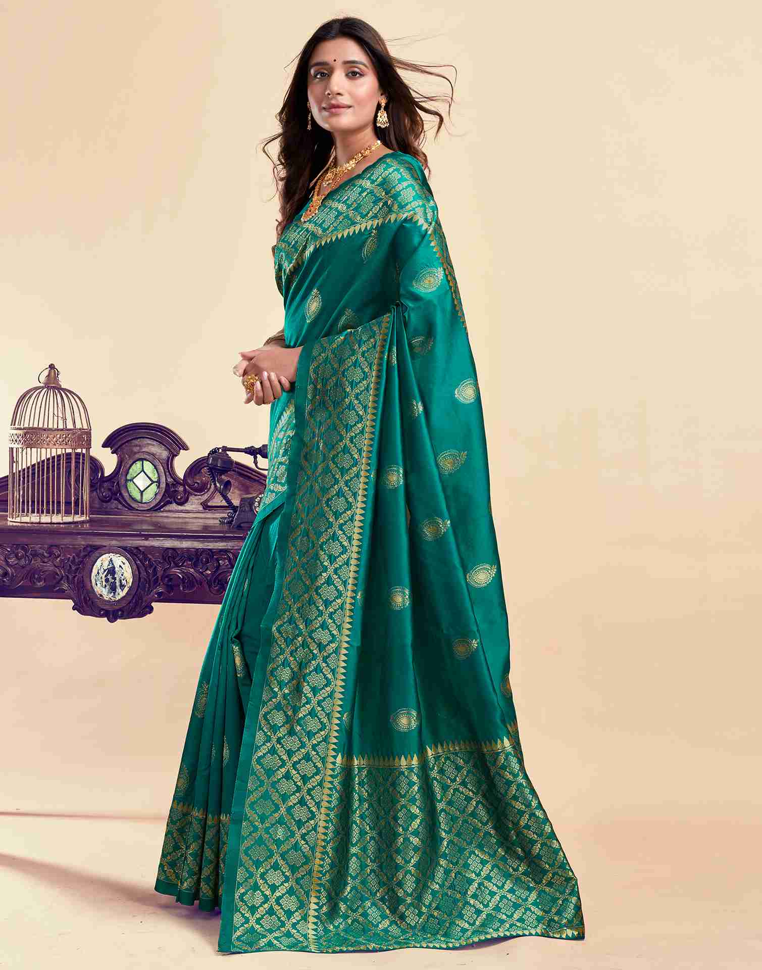 Teal Green Silk Woven Saree