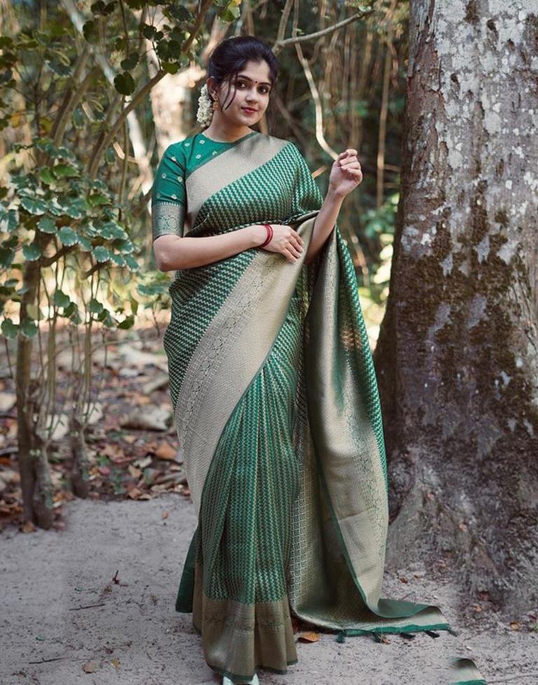 Bottle Green Kanjivaram Silk Woven Saree