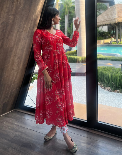 Cherry Red Printed Angrakha Kurti with Pant And Dupatta