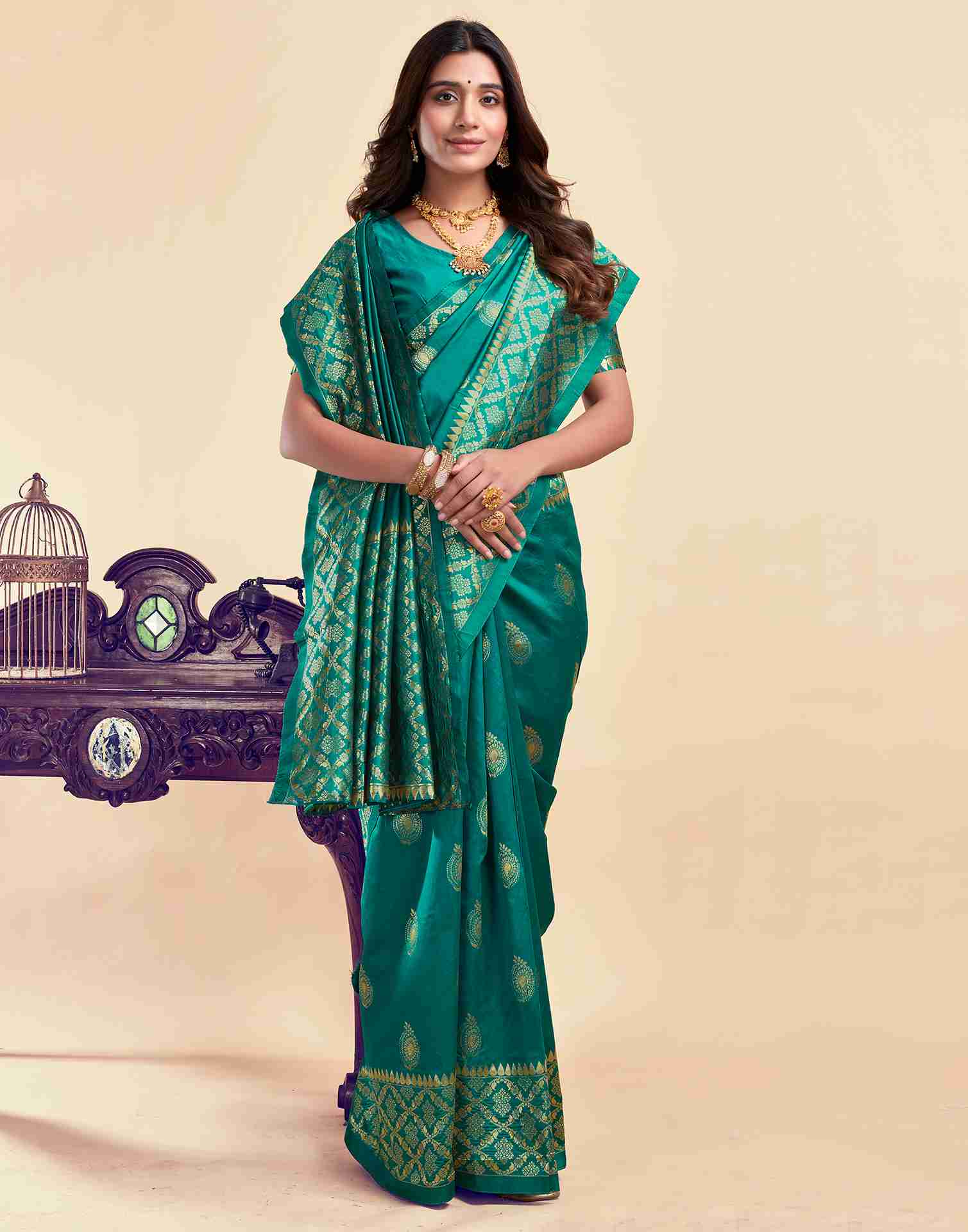 Teal Green Silk Woven Saree