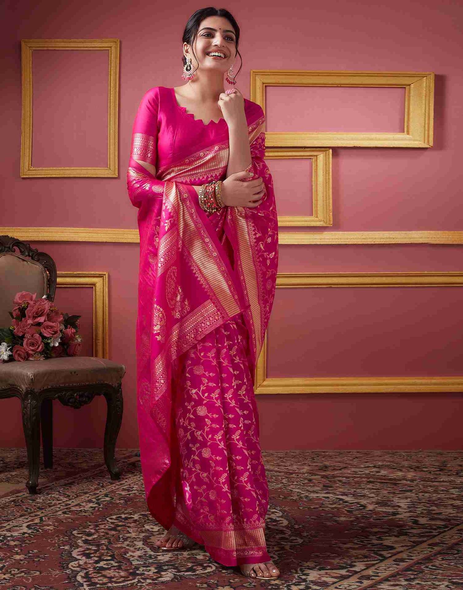 Rani Pink Silk Plain Saree