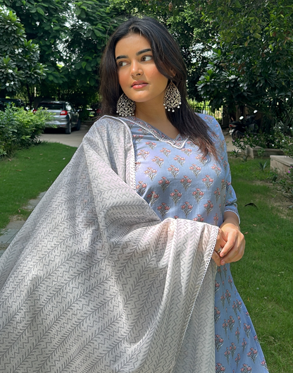 Light Blue Cotton Printed Straight Kurta With Pant And Dupatta