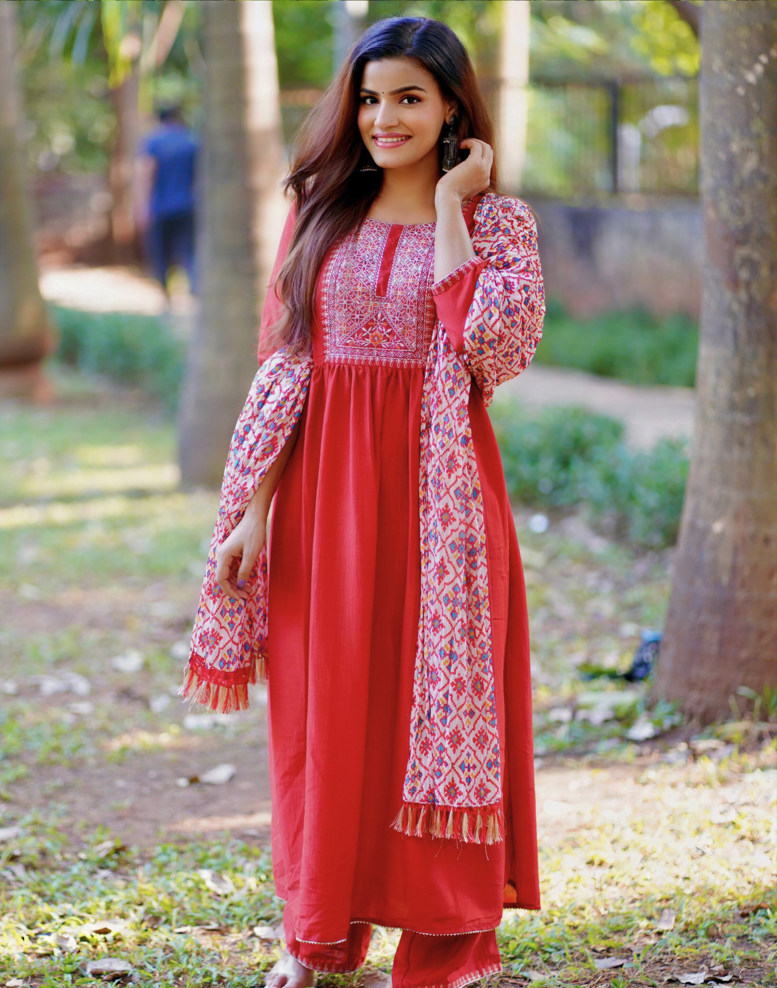 Orange Embroidery Flared Kurta With Pant And Dupatta