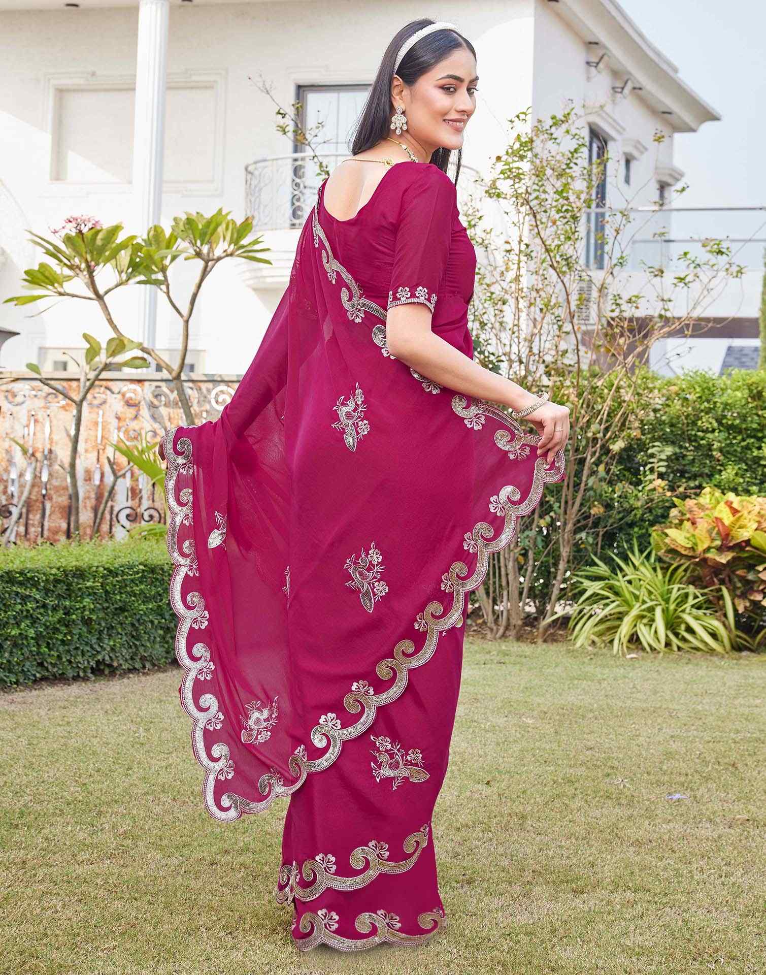 Dark Pink Shimmer Sequence Embroidery Saree