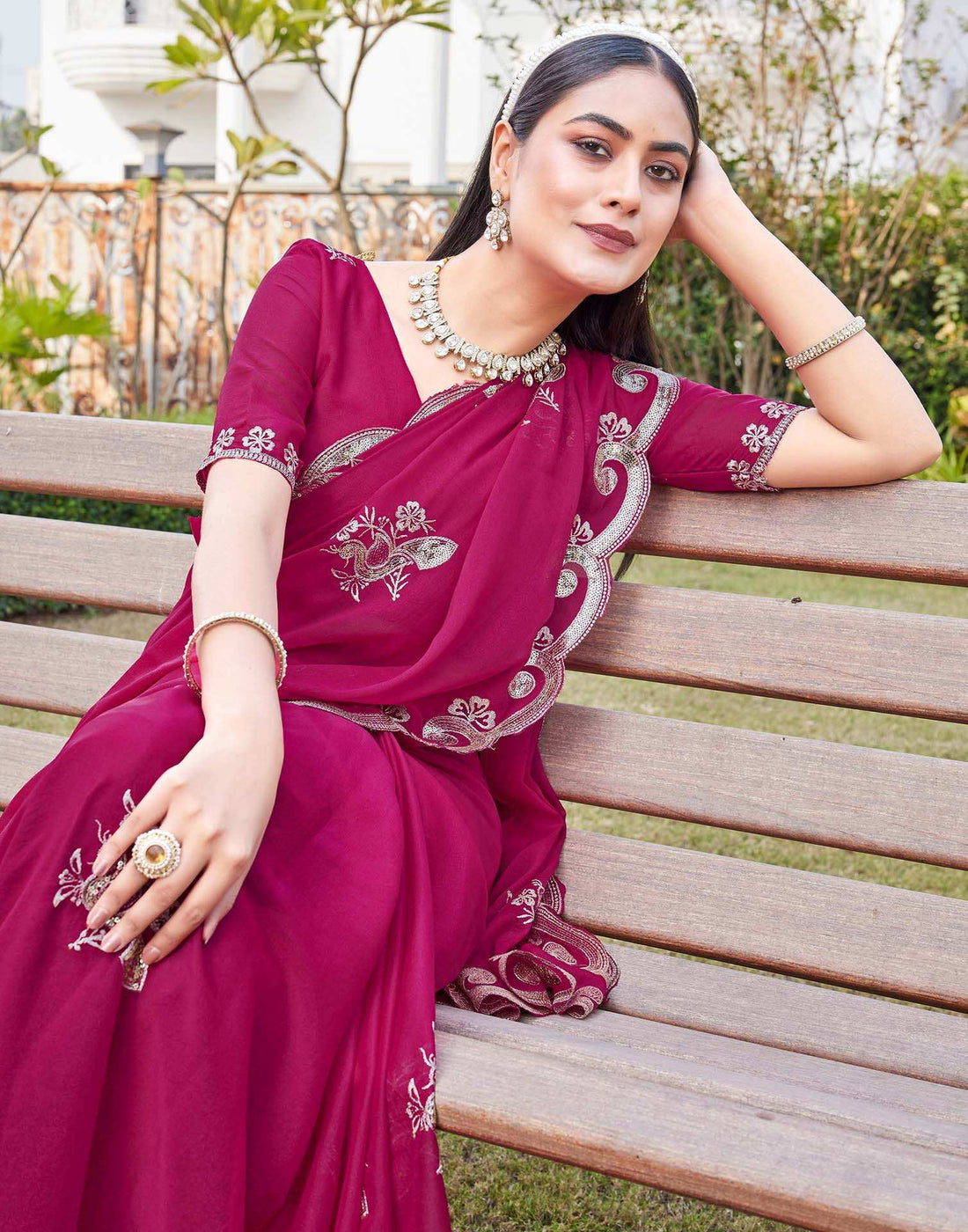 Dark Pink Shimmer Sequence Embroidery Saree