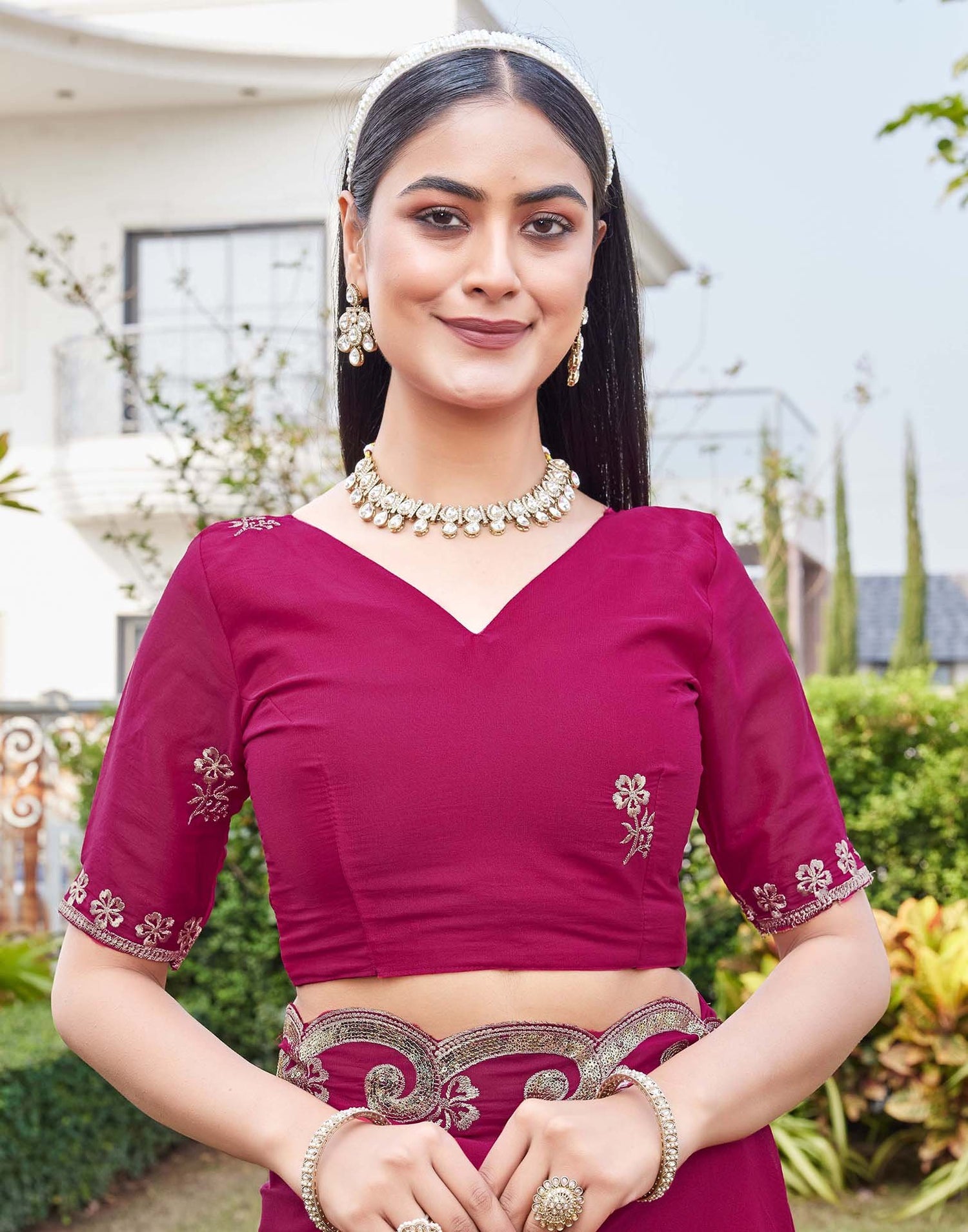Dark Pink Shimmer Sequence Embroidery Saree