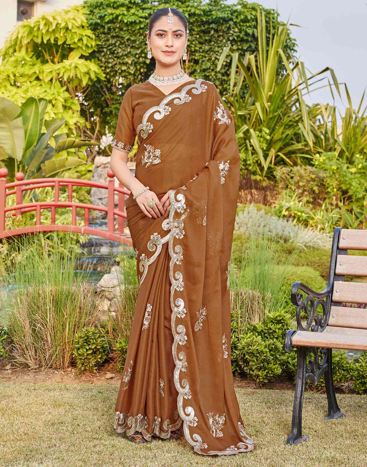 Brown Shimmer Sequence Embroidery Saree