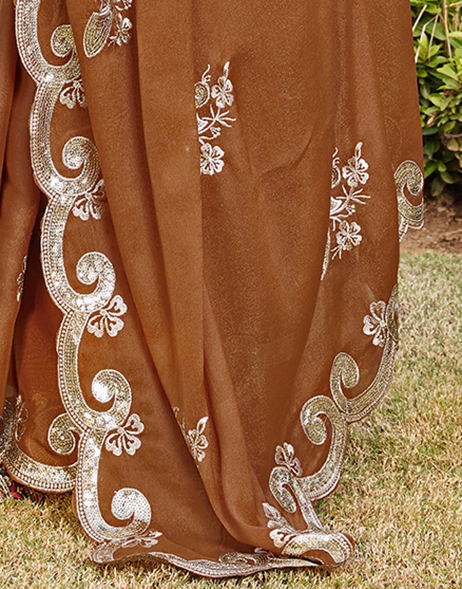 Brown Shimmer Sequence Embroidery Saree