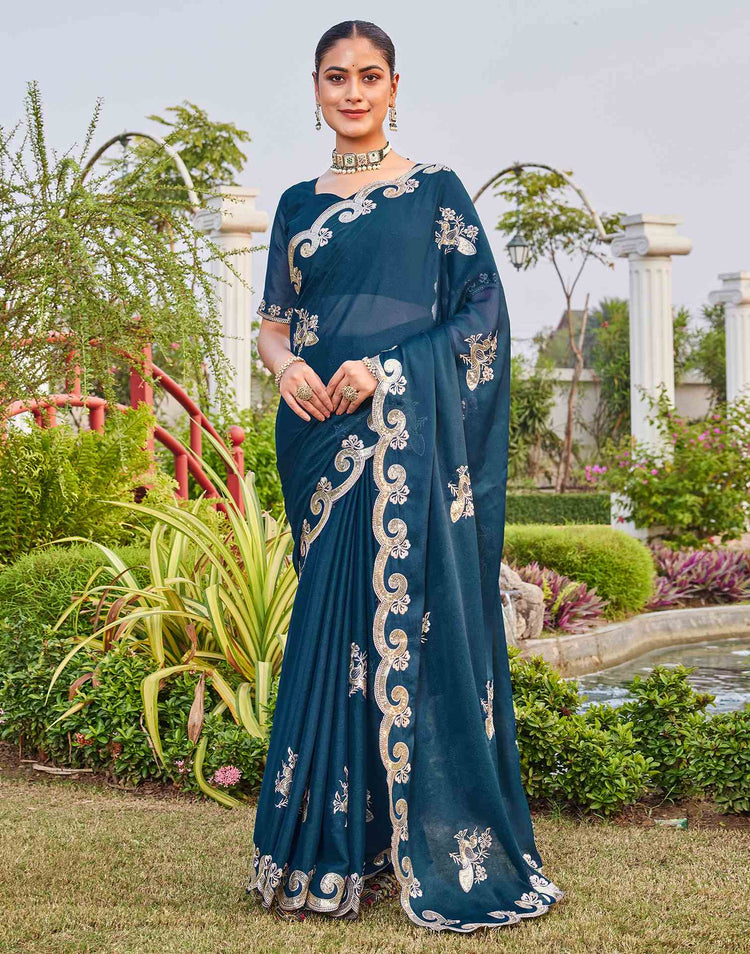 Dark Teal Blue Shimmer Sequence Embroidery Saree