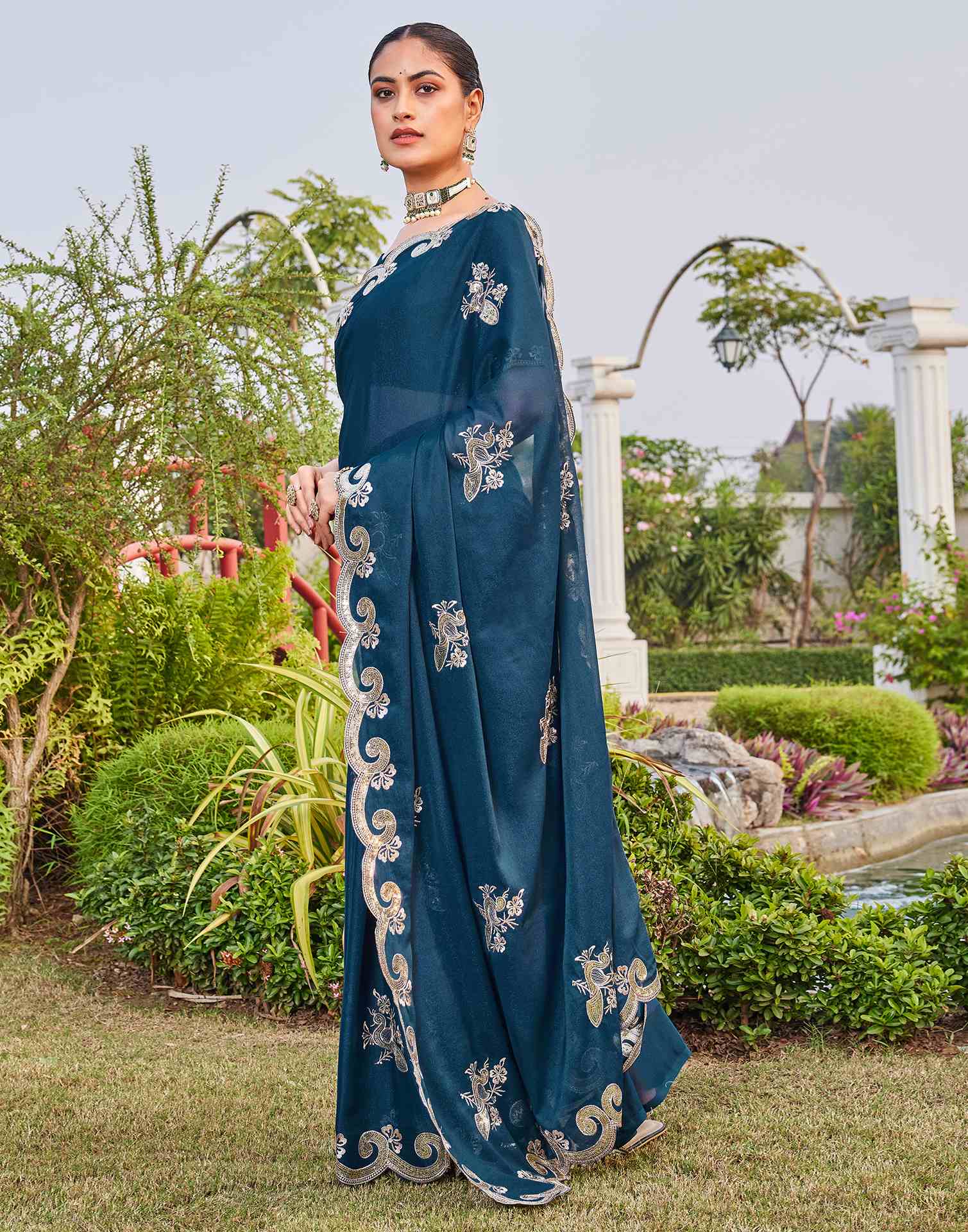Dark Teal Blue Shimmer Sequence Embroidery Saree