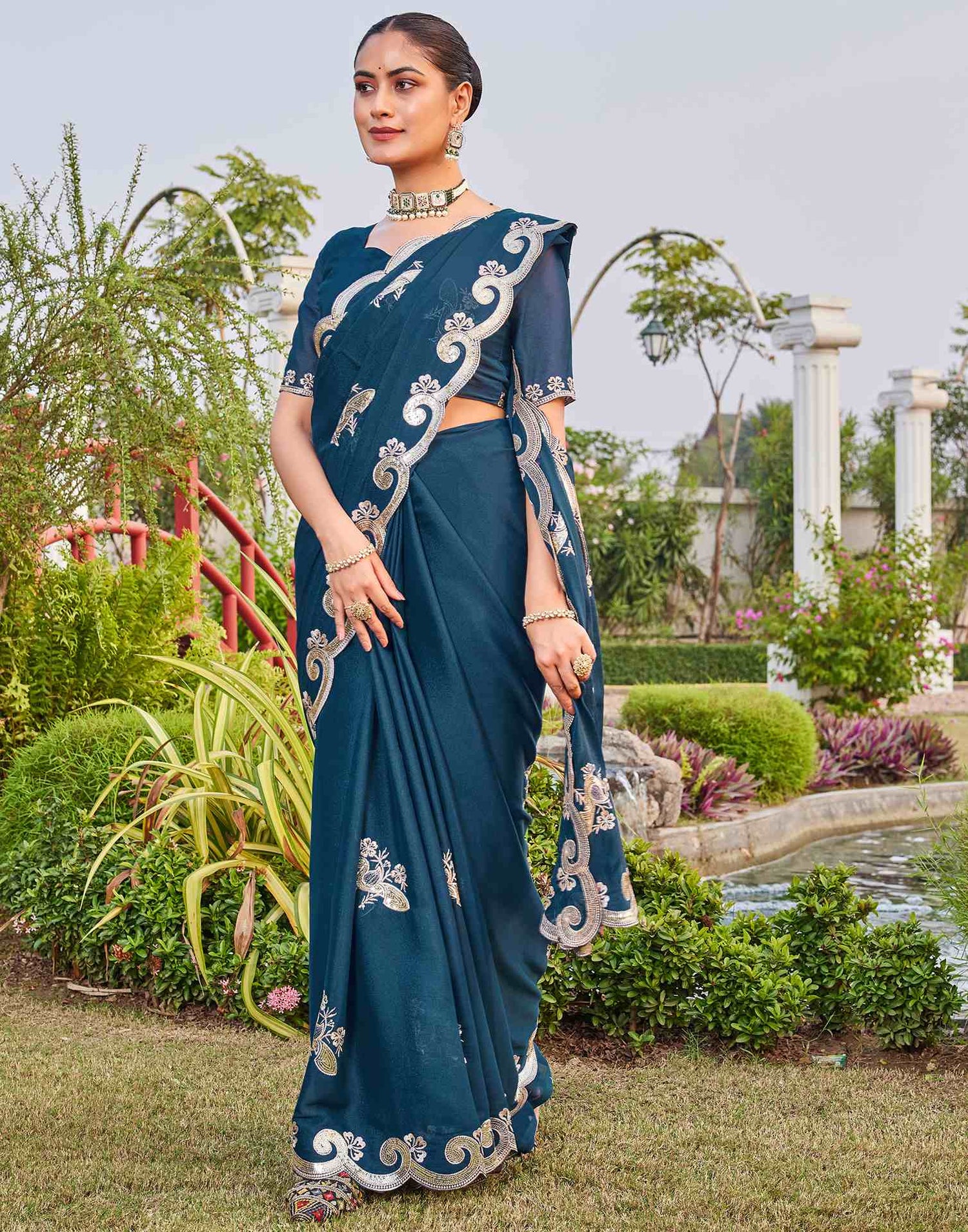 Dark Teal Blue Shimmer Sequence Embroidery Saree