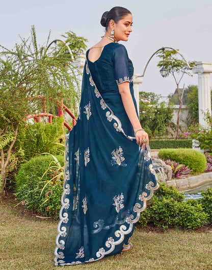 Dark Teal Blue Shimmer Sequence Embroidery Saree