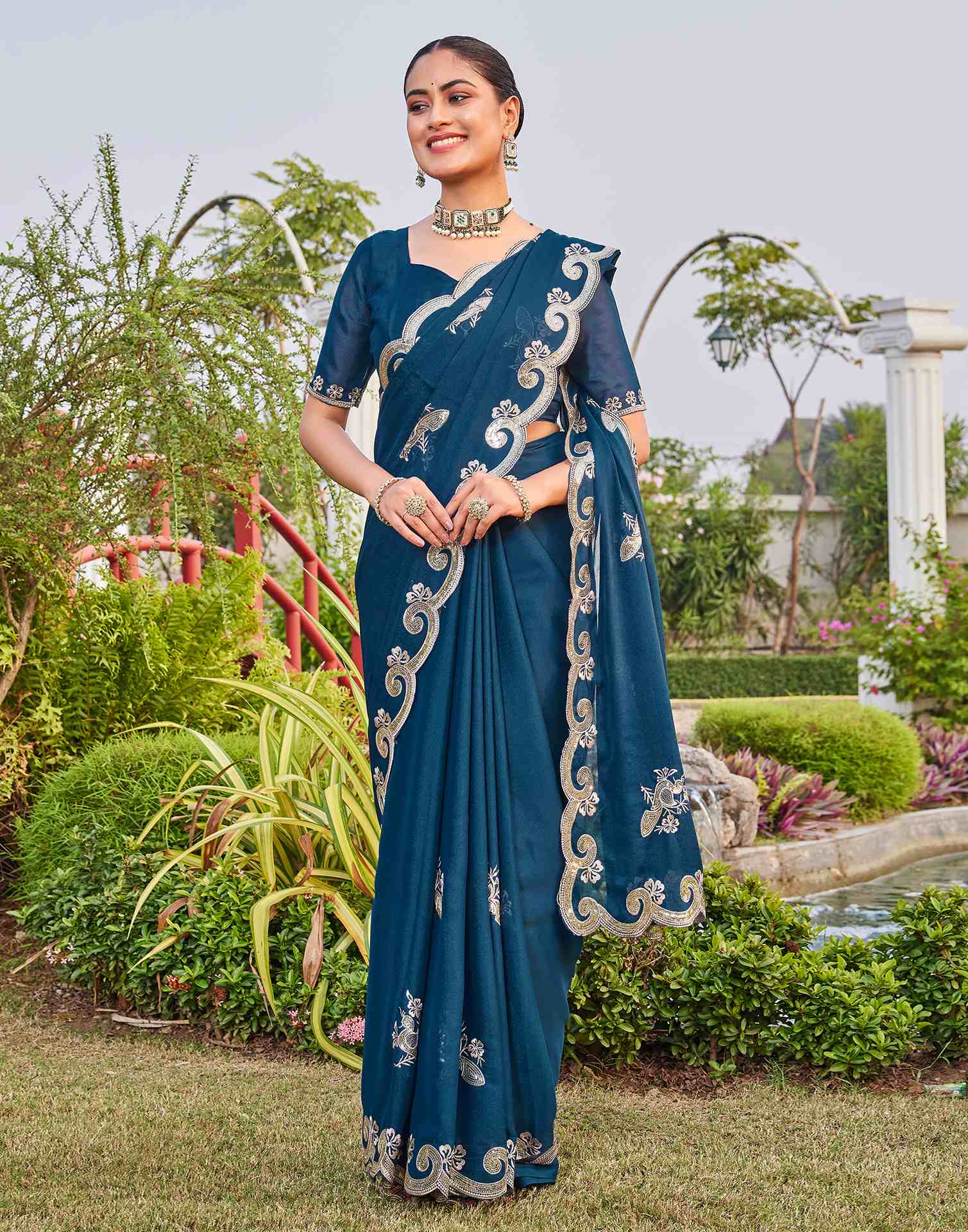 Dark Teal Blue Shimmer Sequence Embroidery Saree