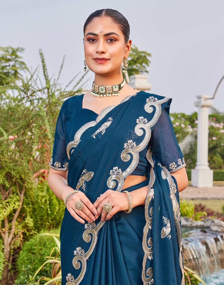 Dark Teal Blue Shimmer Sequence Embroidery Saree