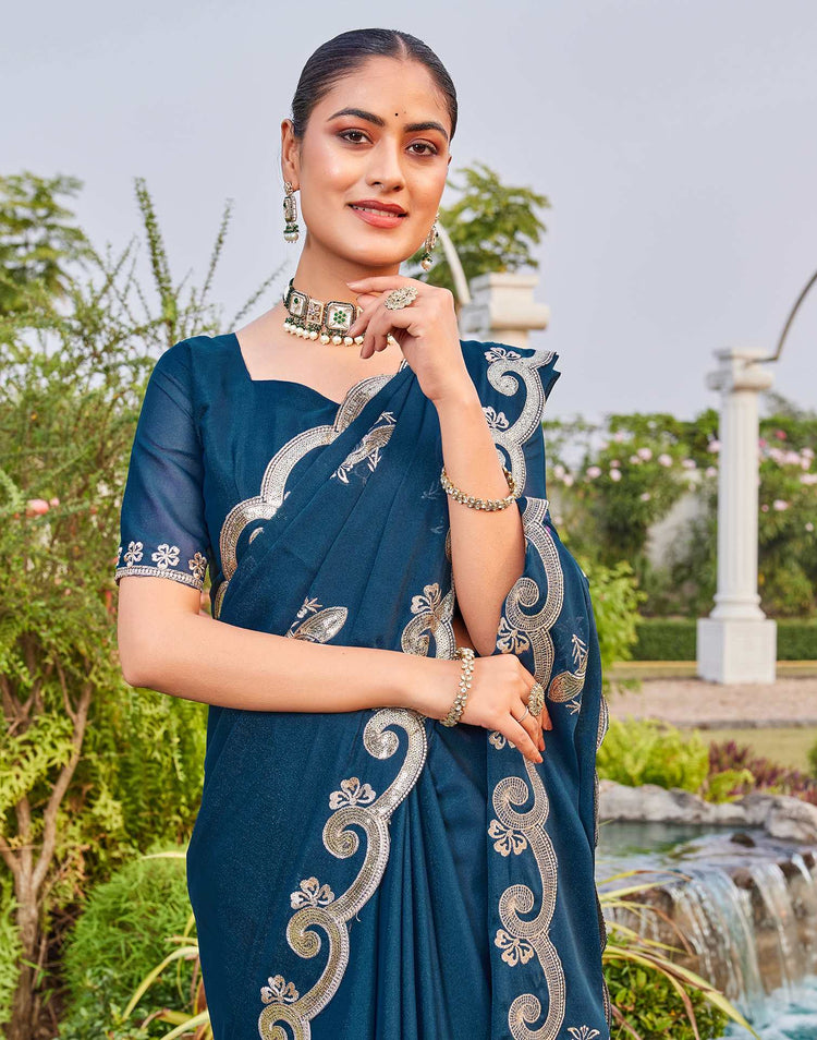 Dark Teal Blue Shimmer Sequence Embroidery Saree