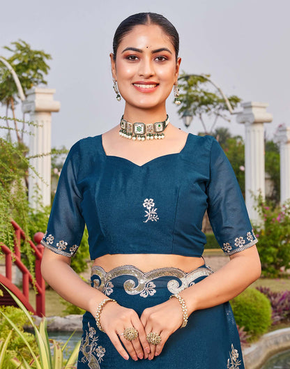Dark Teal Blue Shimmer Sequence Embroidery Saree