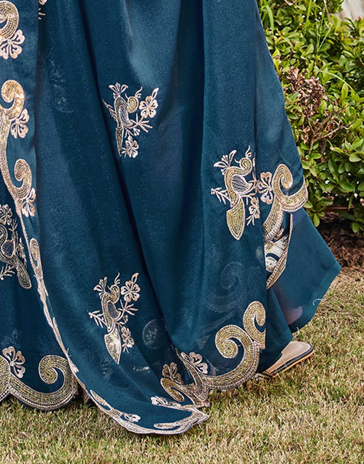 Dark Teal Blue Shimmer Sequence Embroidery Saree