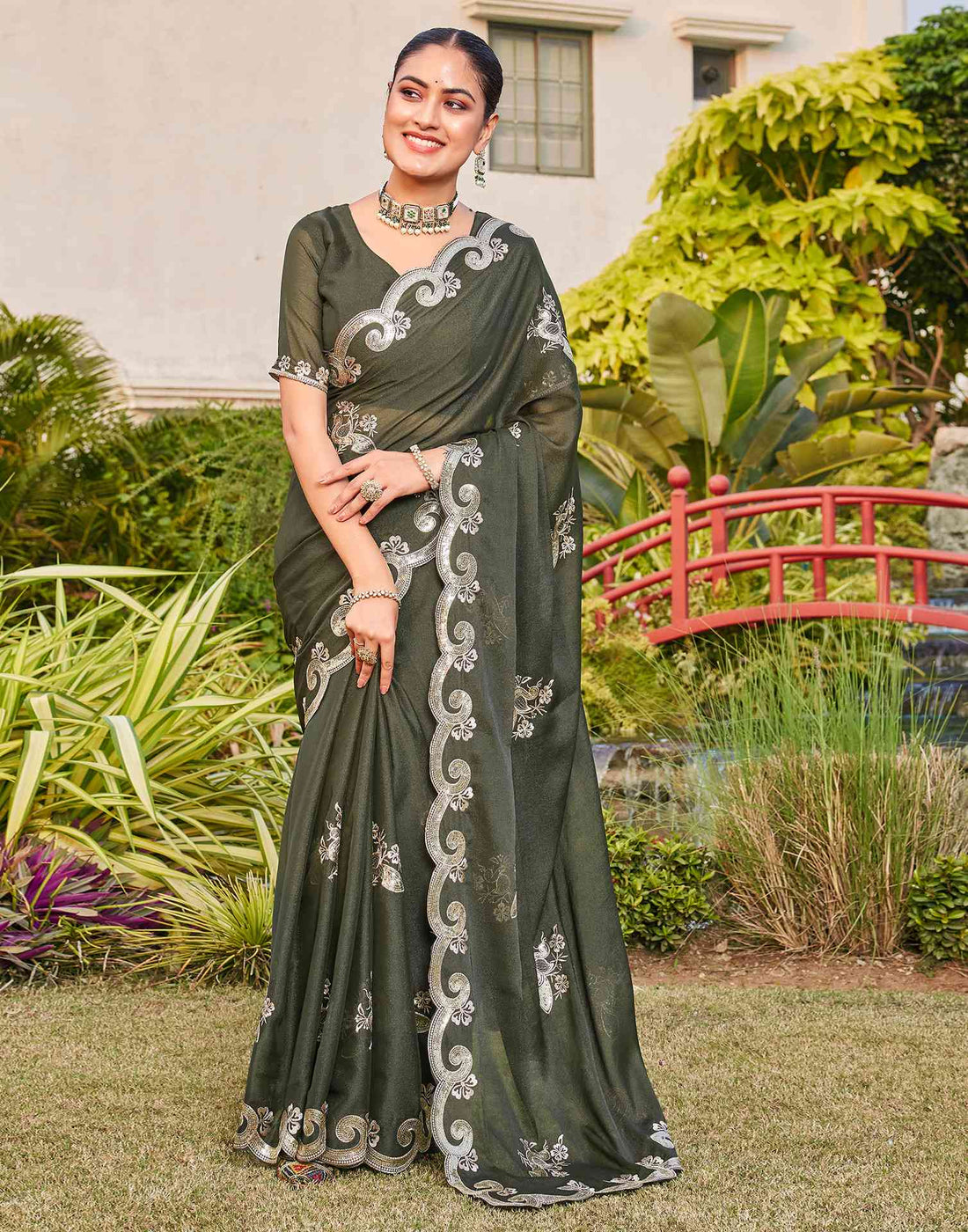 Dark Olive Green Shimmer Sequence Embroidery Saree