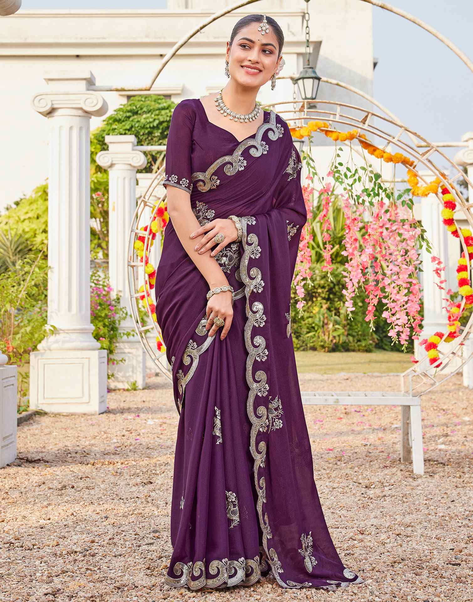 Wine Shimmer Sequence Embroidery Saree