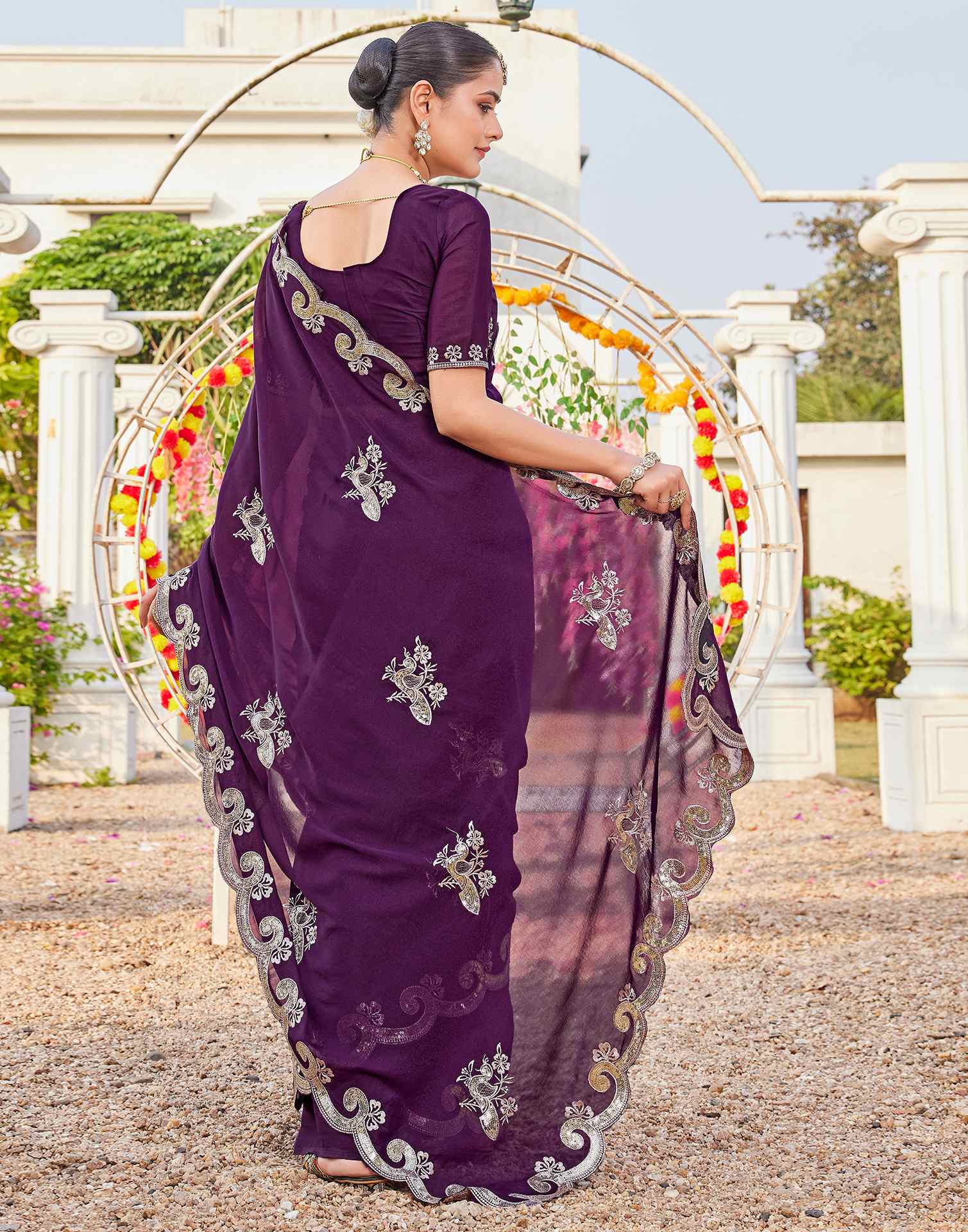 Wine Shimmer Sequence Embroidery Saree
