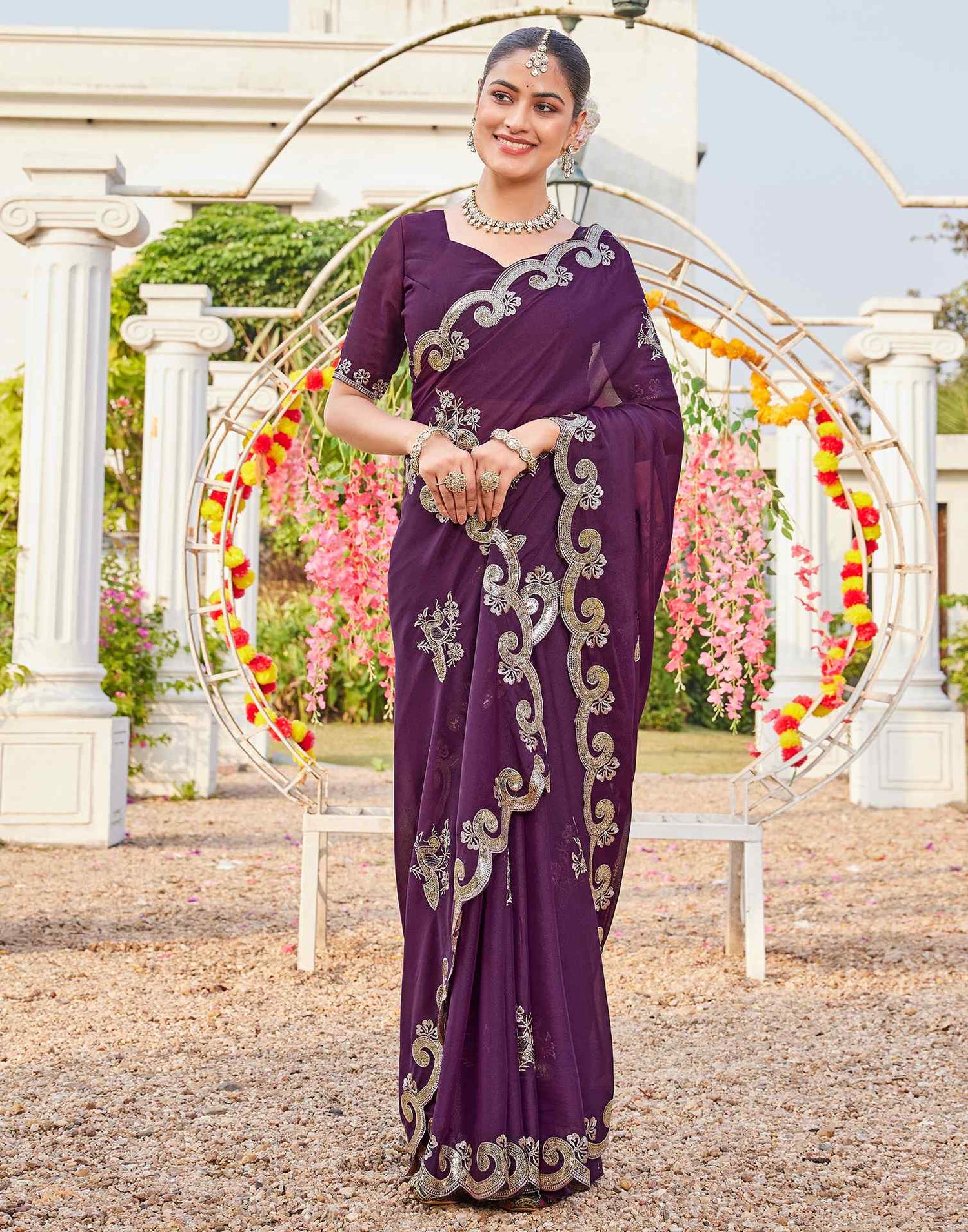 Wine Shimmer Sequence Embroidery Saree