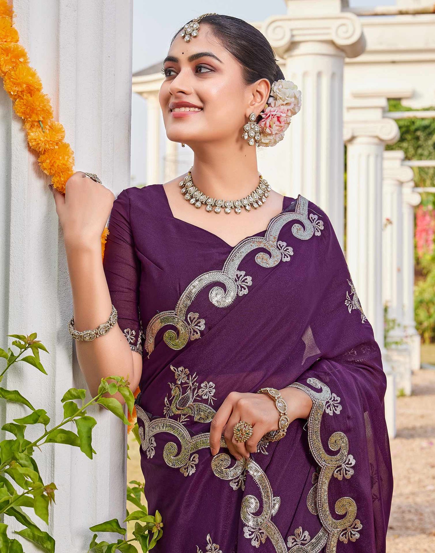 Wine Shimmer Sequence Embroidery Saree