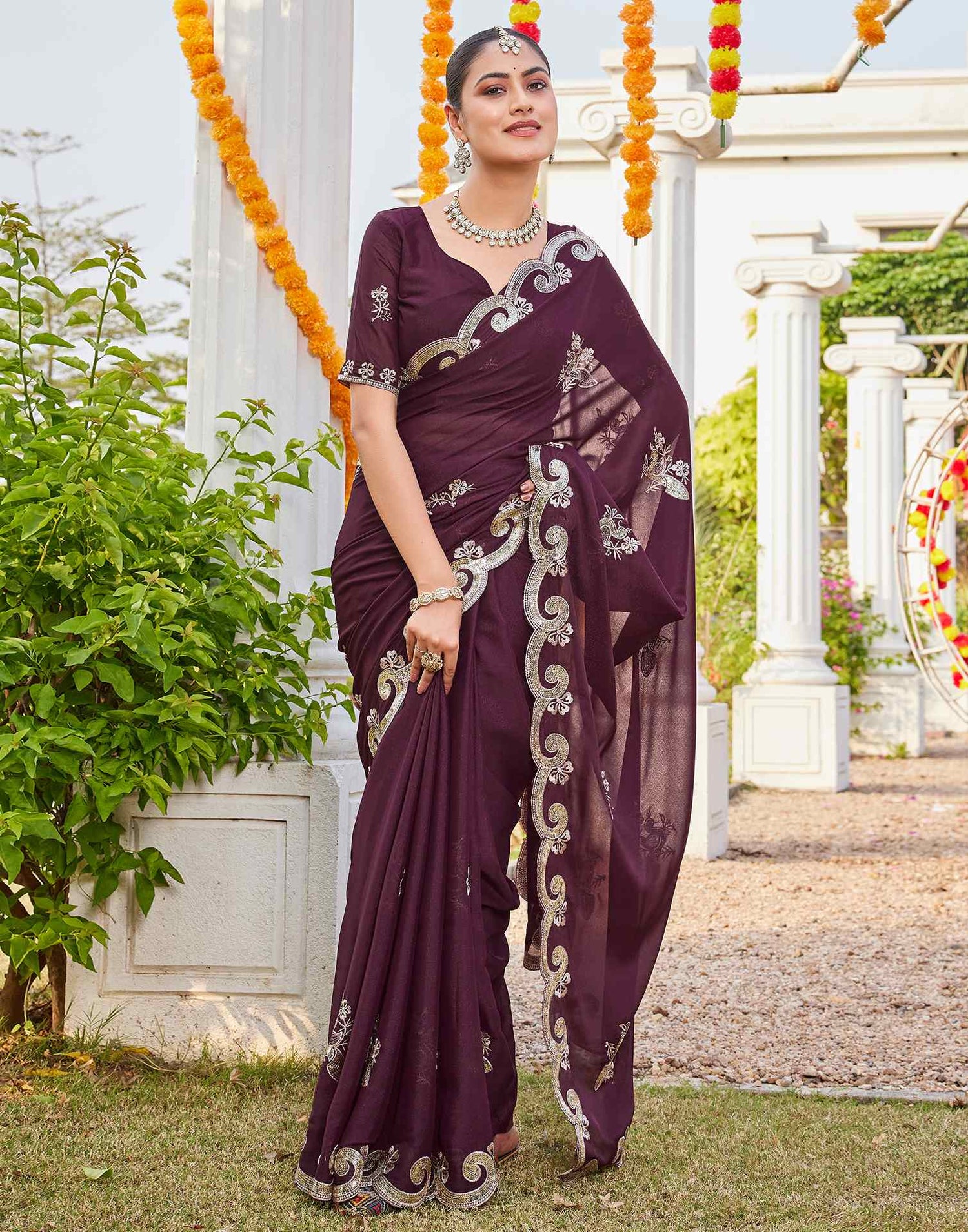 Dark Brown Shimmer Sequence Embroidery Saree